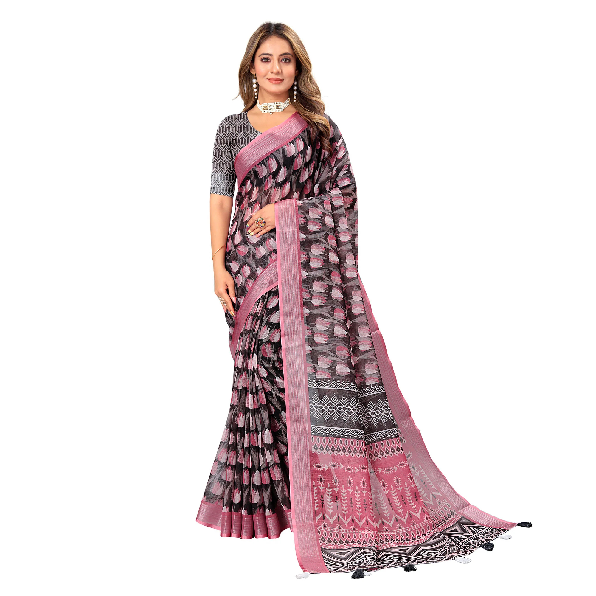 Black & Pink Printed Linen Saree - Image 3