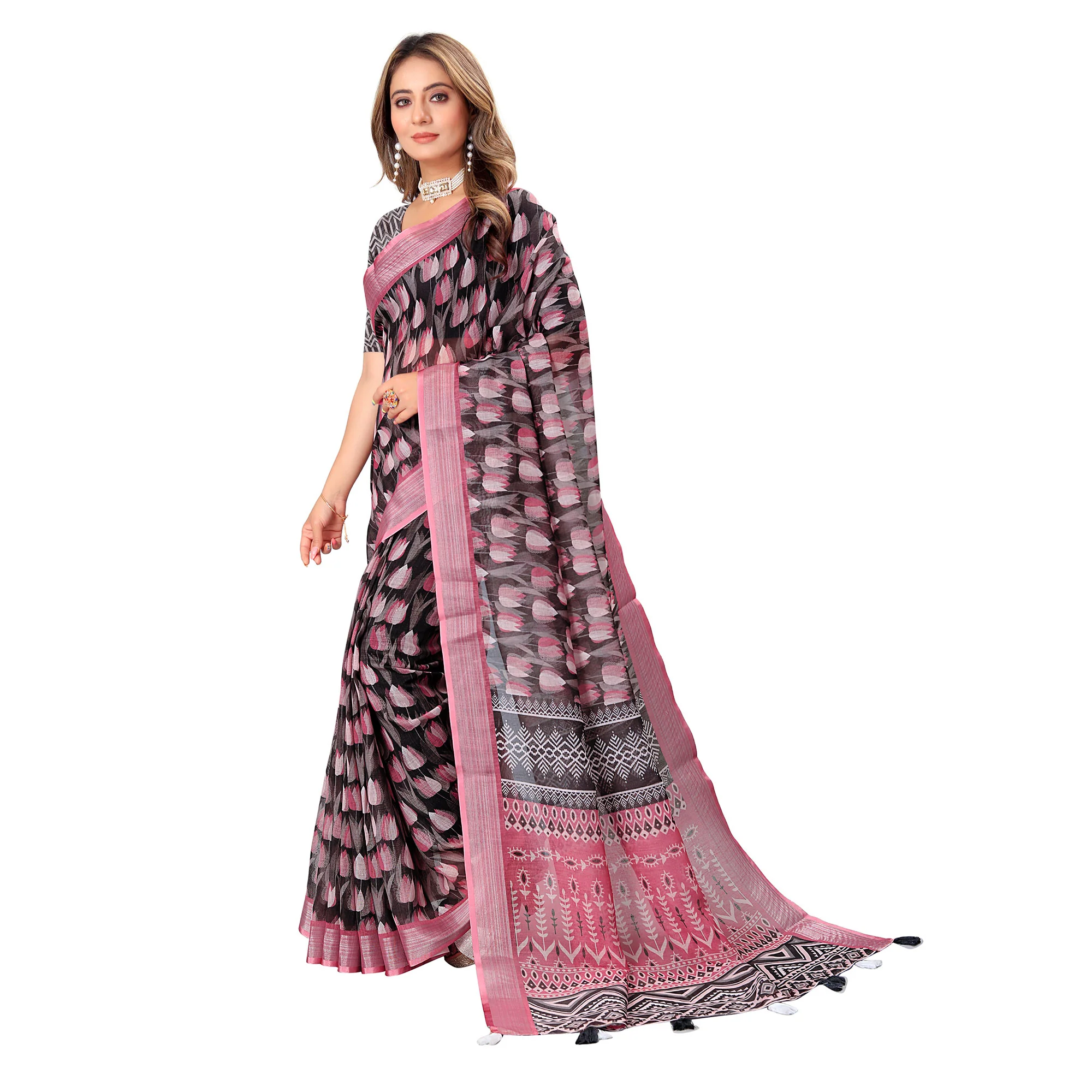 Black & Pink Printed Linen Saree - Image 4