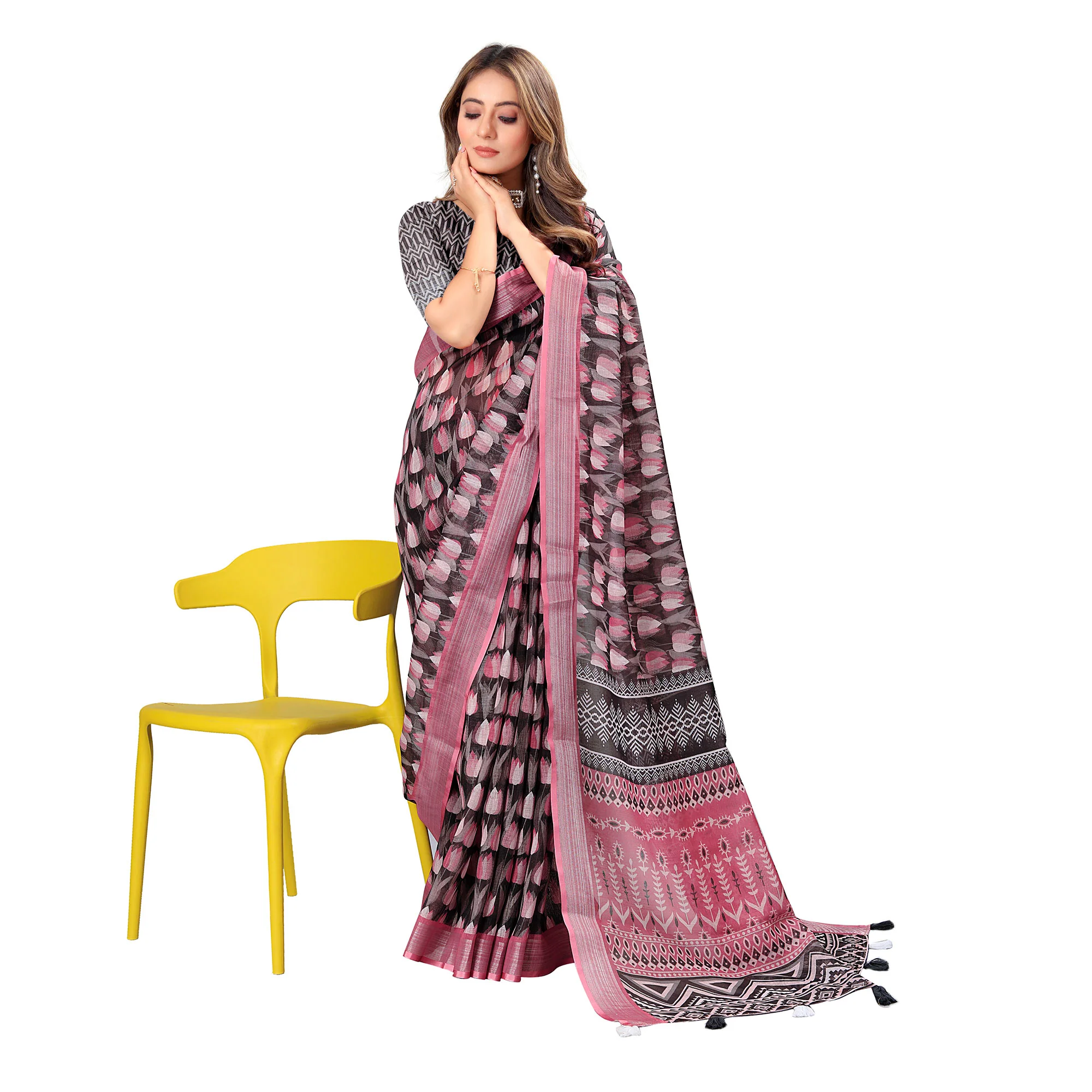 Black & Pink Printed Linen Saree - Image 5