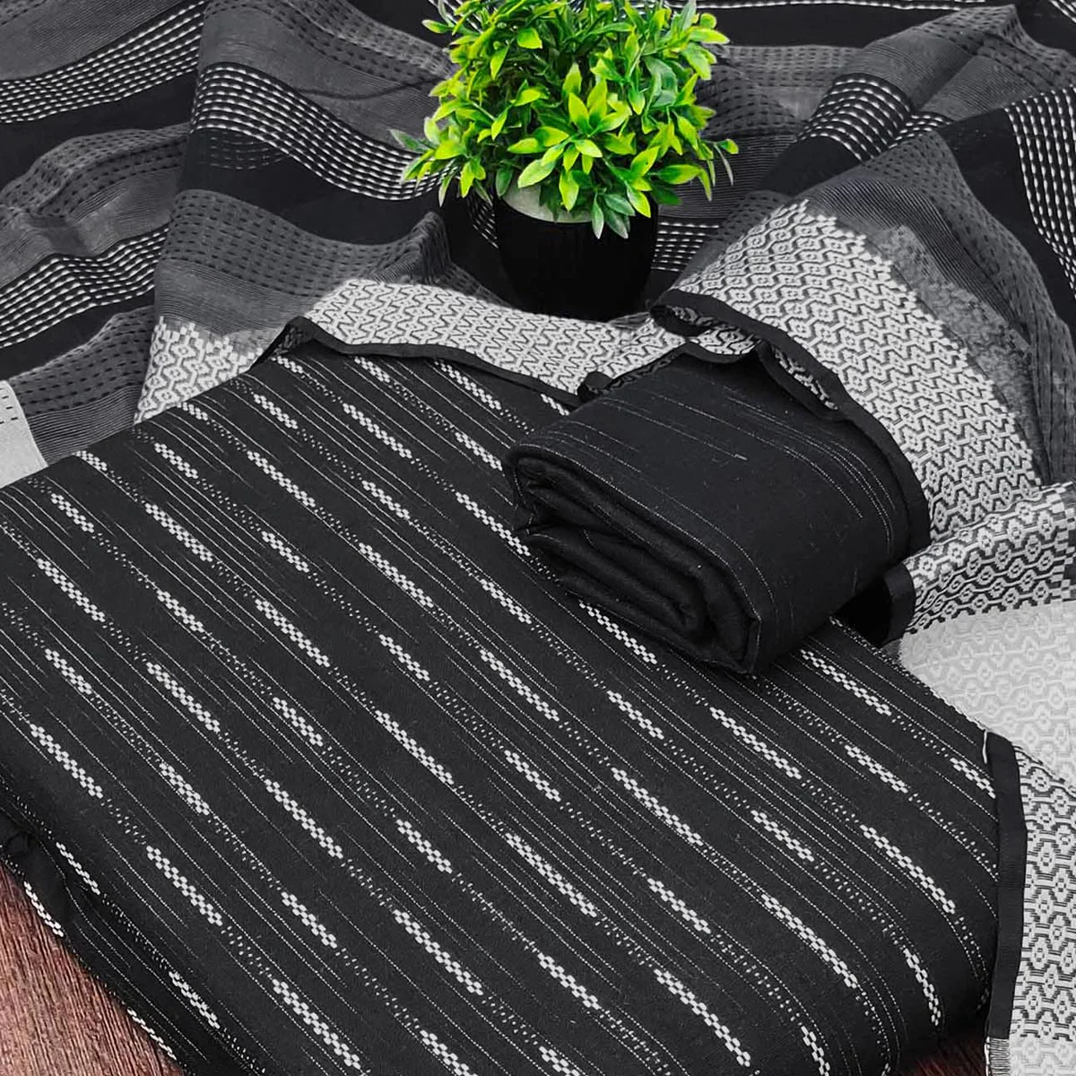 Black Poly Cotton Blend Dress Material Adorned With Striped Weaving Work - Image 2