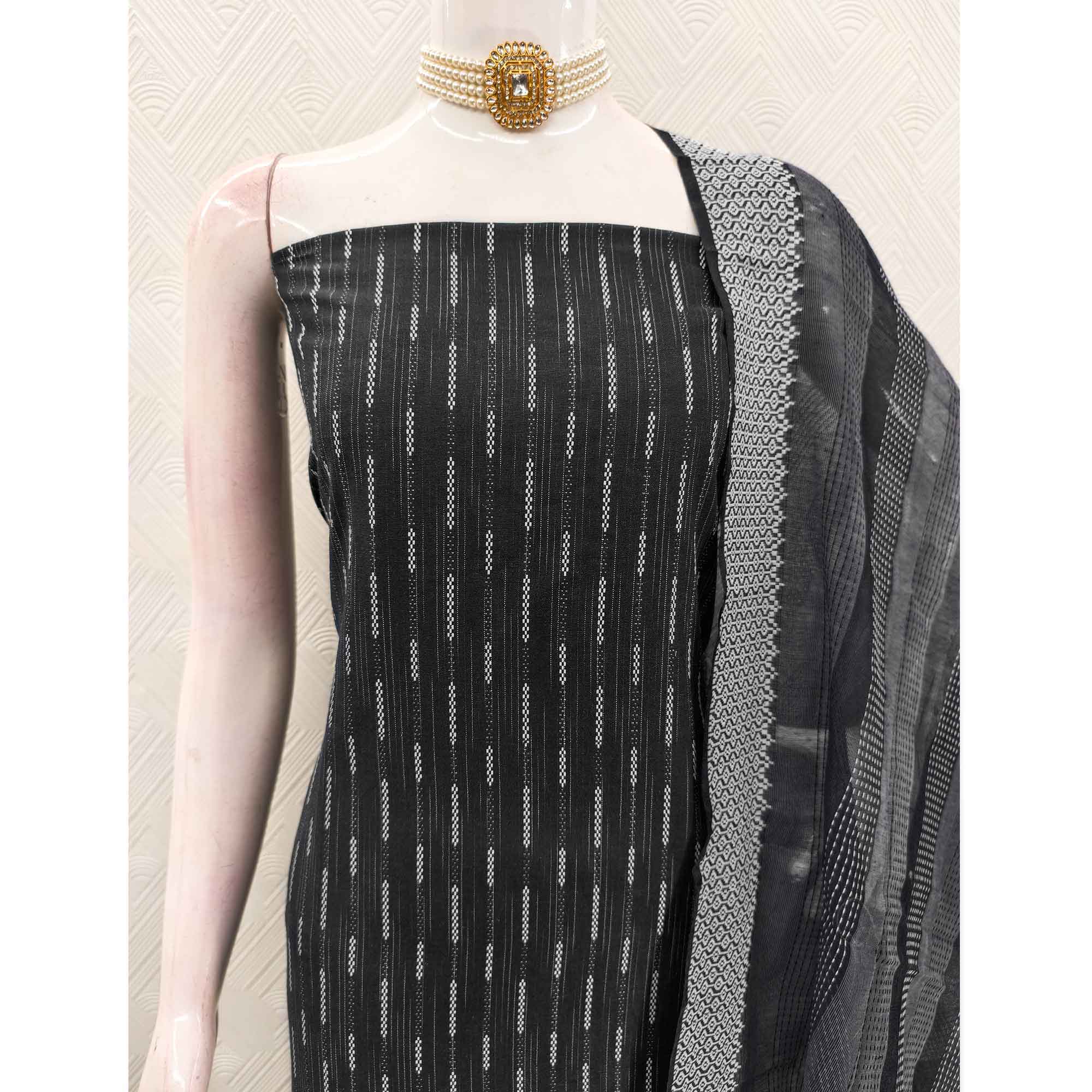 Black Poly Cotton Blend Dress Material Adorned With Striped Weaving Work - Image 6