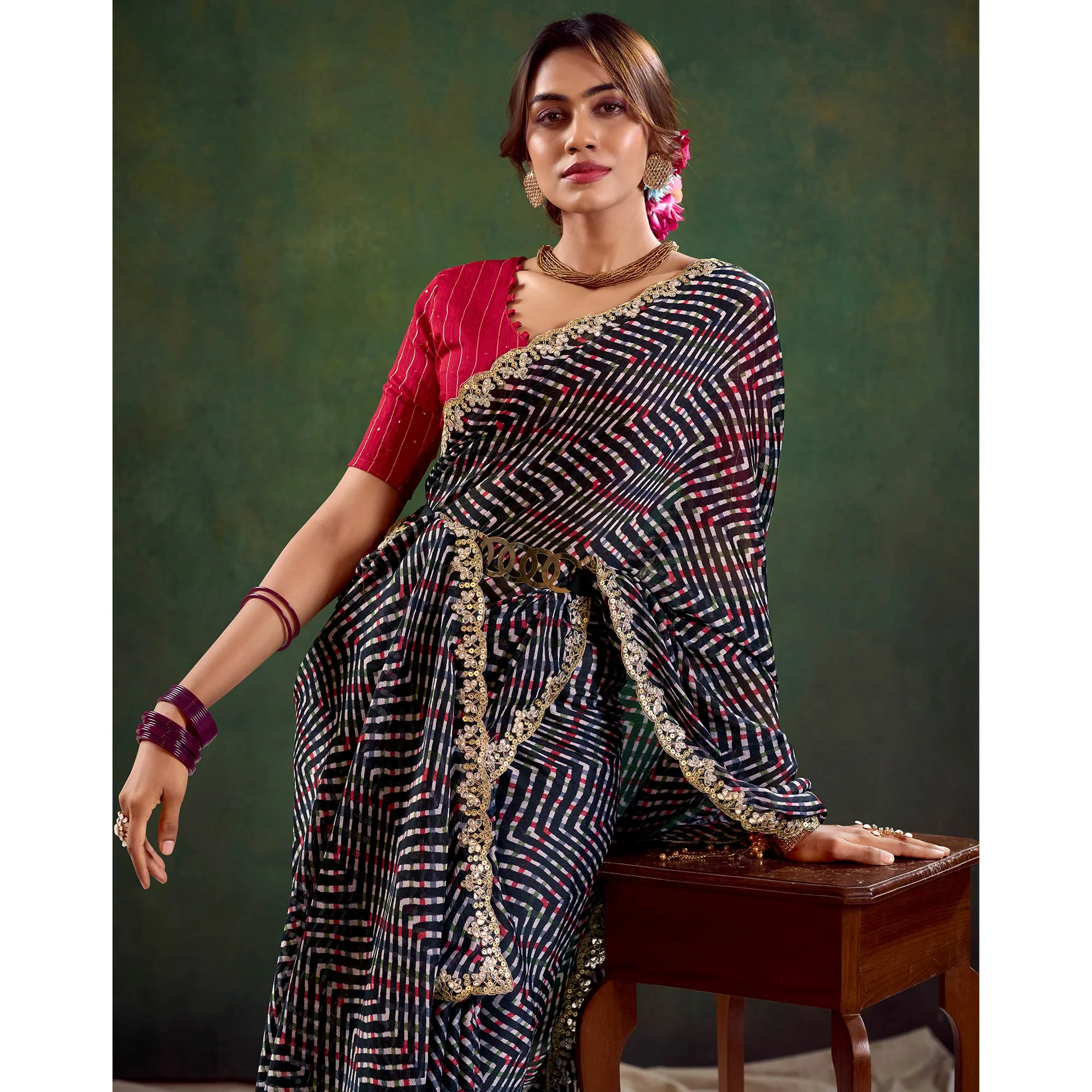 Black Printed Chiffon Saree With Sequins Border - Image 5