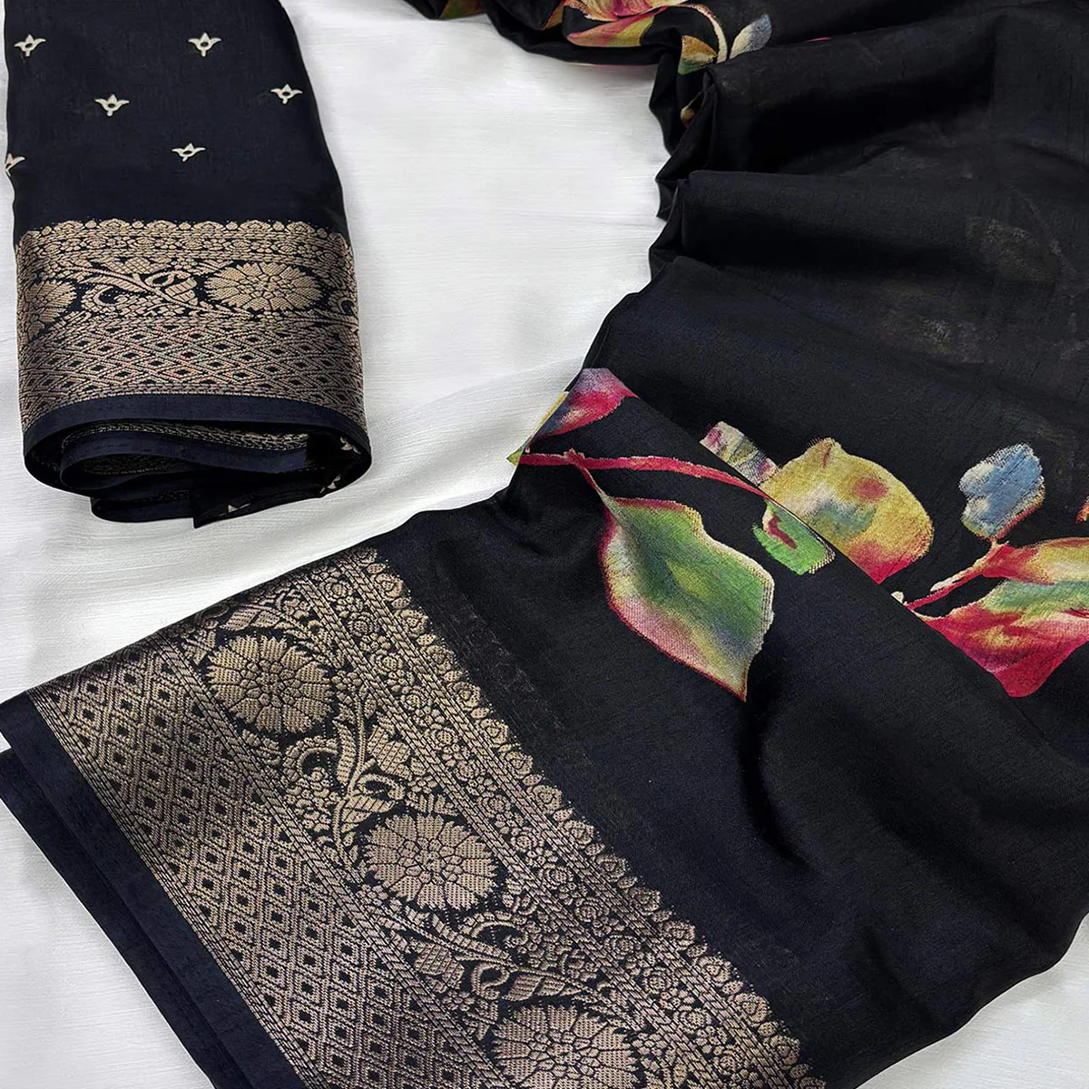 Black Printed Dola Silk Saree With Jacquard Border - Image 2