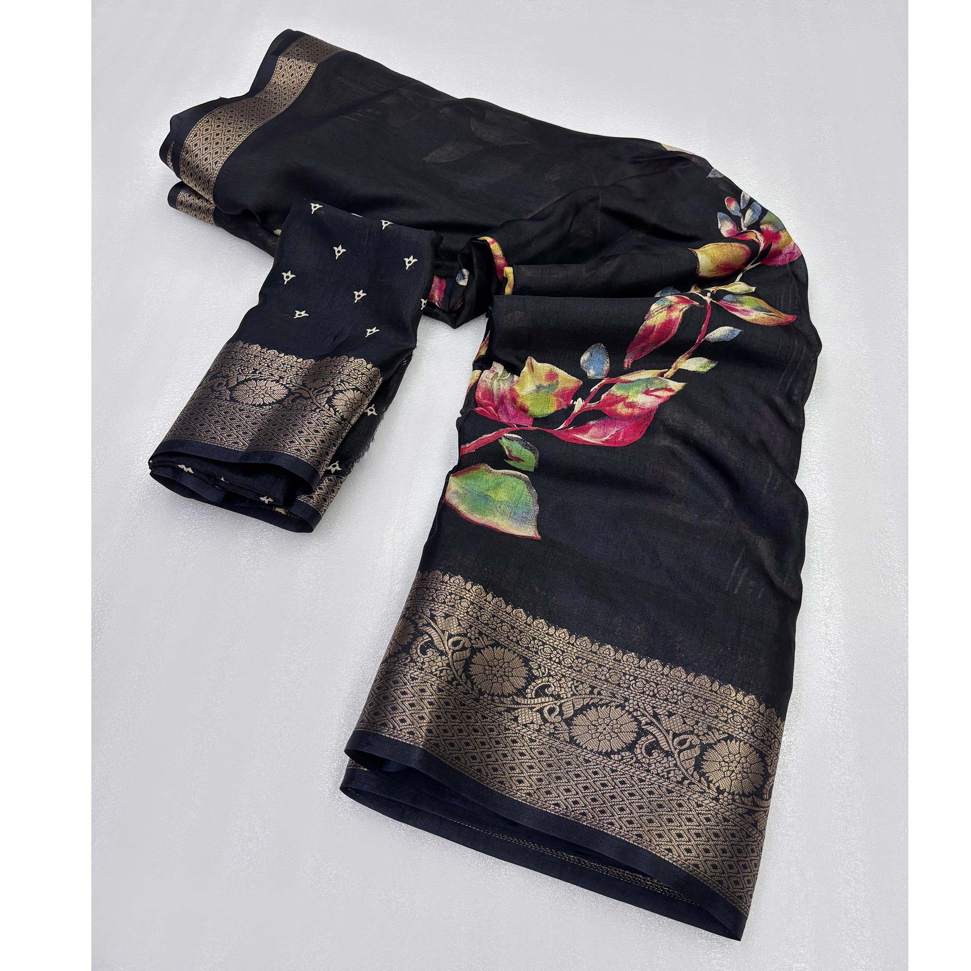 Black Printed Dola Silk Saree With Jacquard Border - Image 3