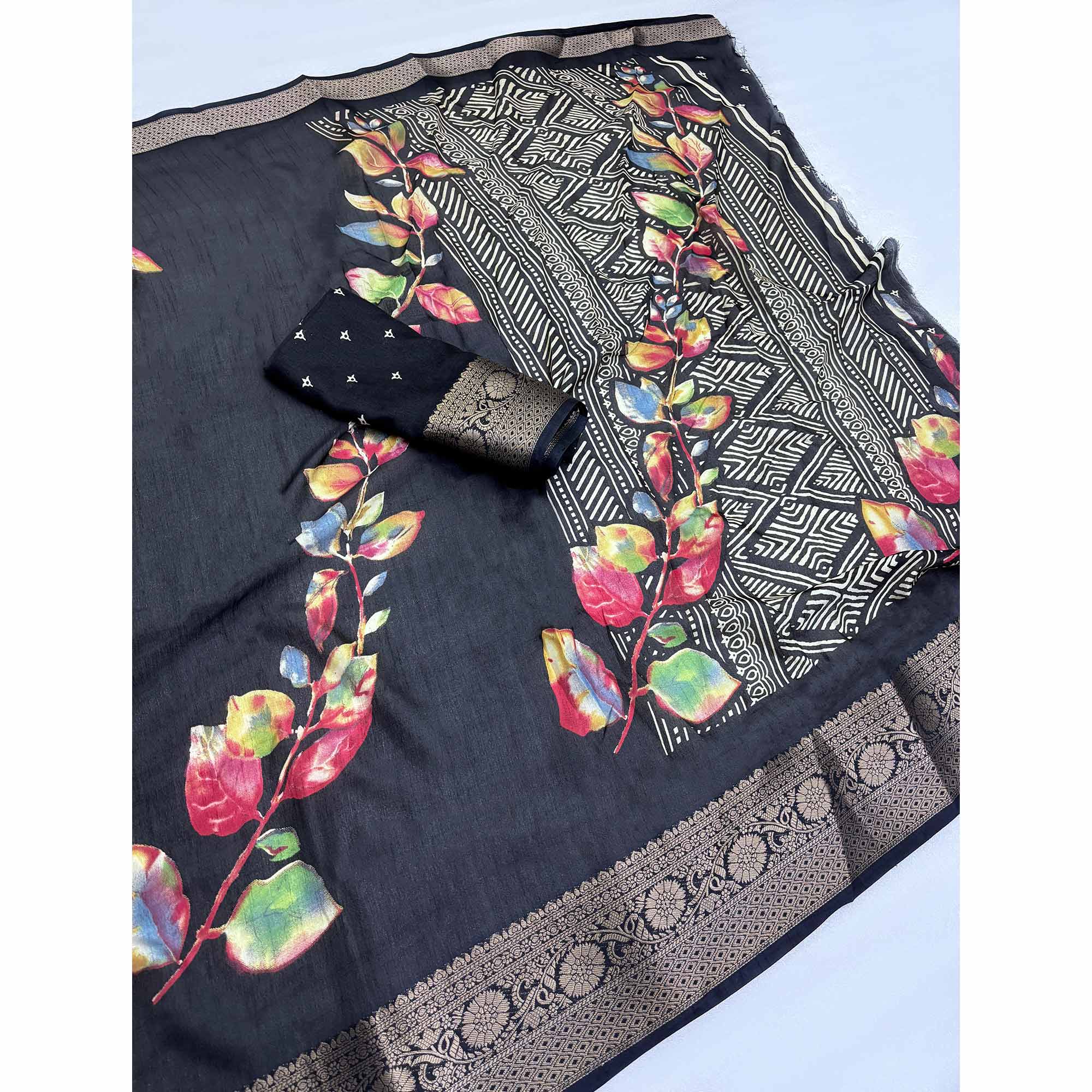 Black Printed Dola Silk Saree With Jacquard Border - Image 4
