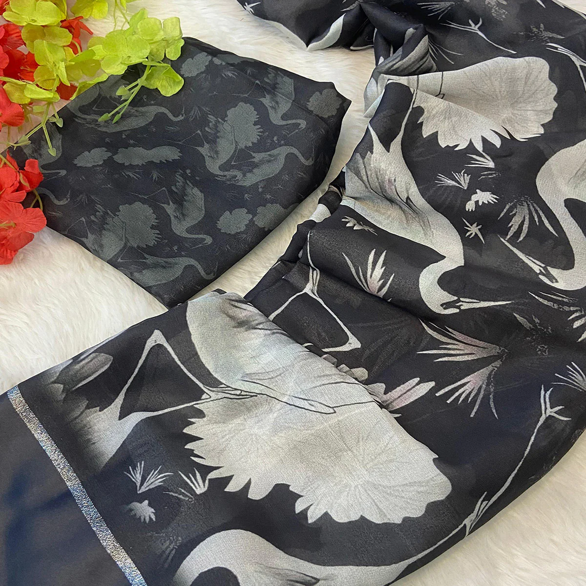 Black Printed Moss Chiffon Saree With Zari Woven Border - Image 2