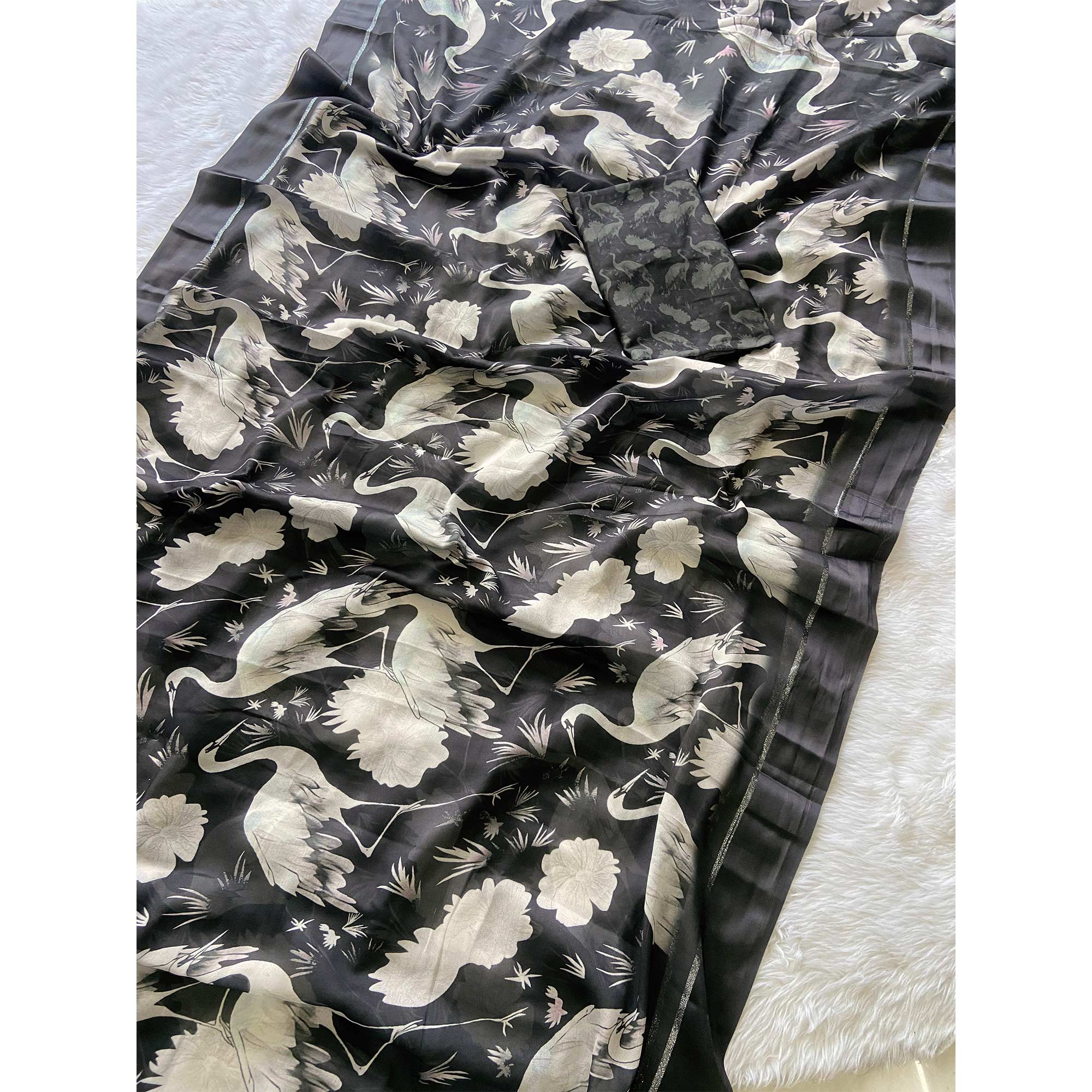 Black Printed Moss Chiffon Saree With Zari Woven Border - Image 4