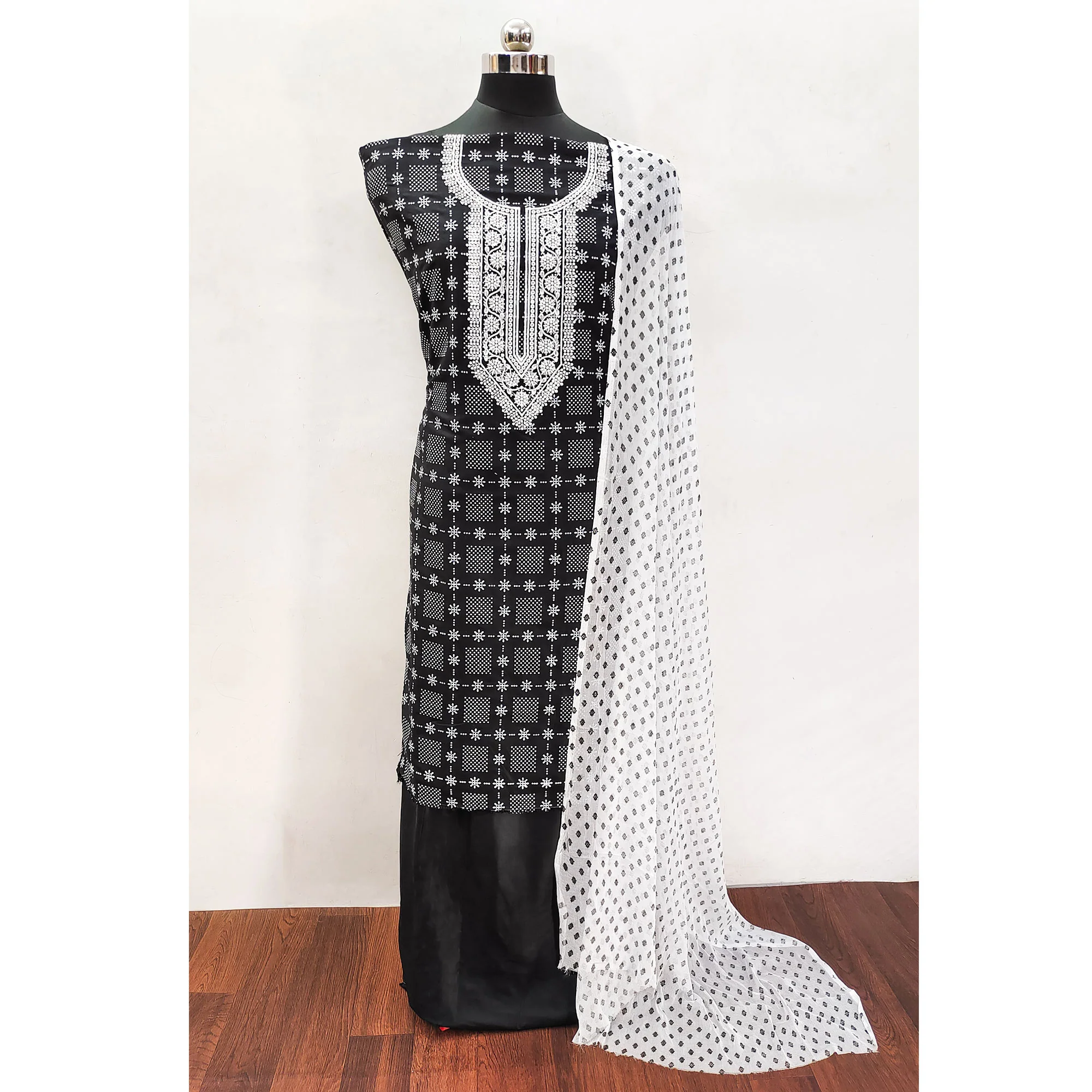 Black Printed Rayon Dress Material - Image 3