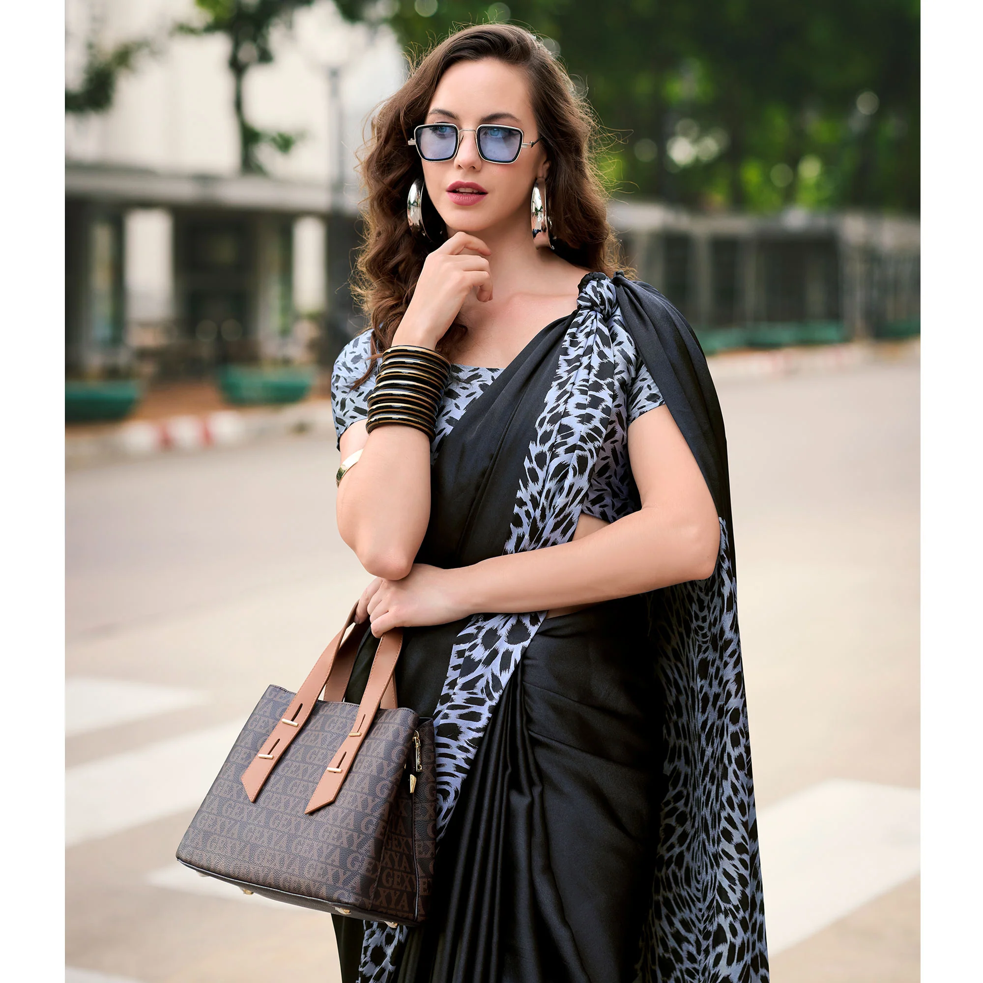 Black Printed Satin Saree - Image 4