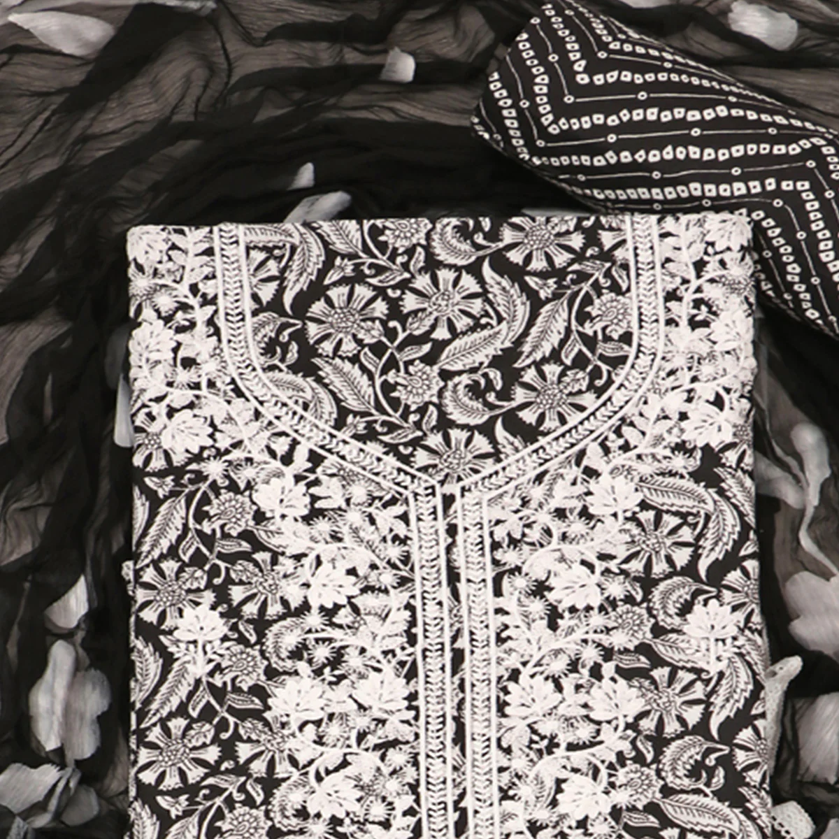 Black Printed With Embroidery Pure Cotton Dress Material - Image 2