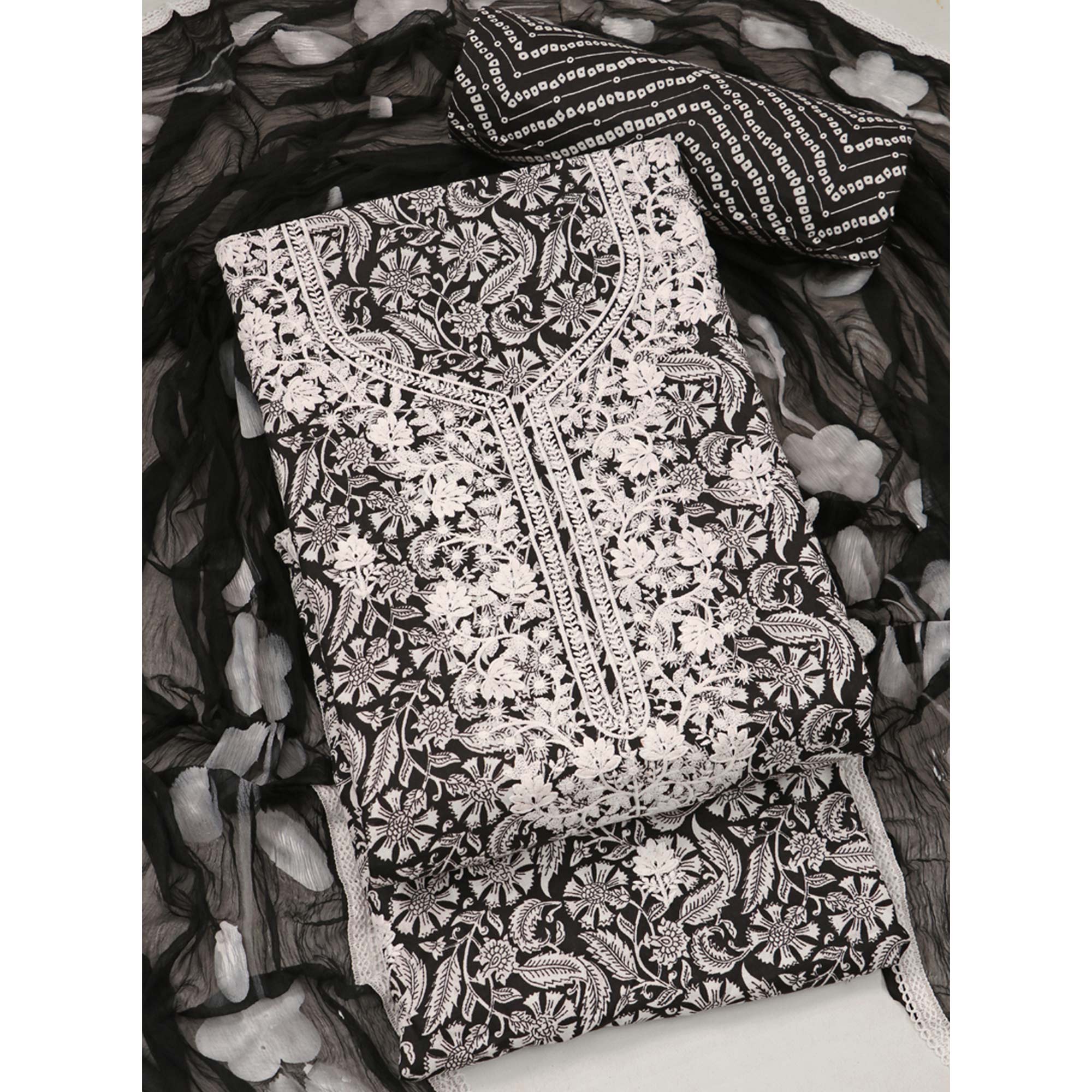 Black Printed With Embroidery Pure Cotton Dress Material - Image 3