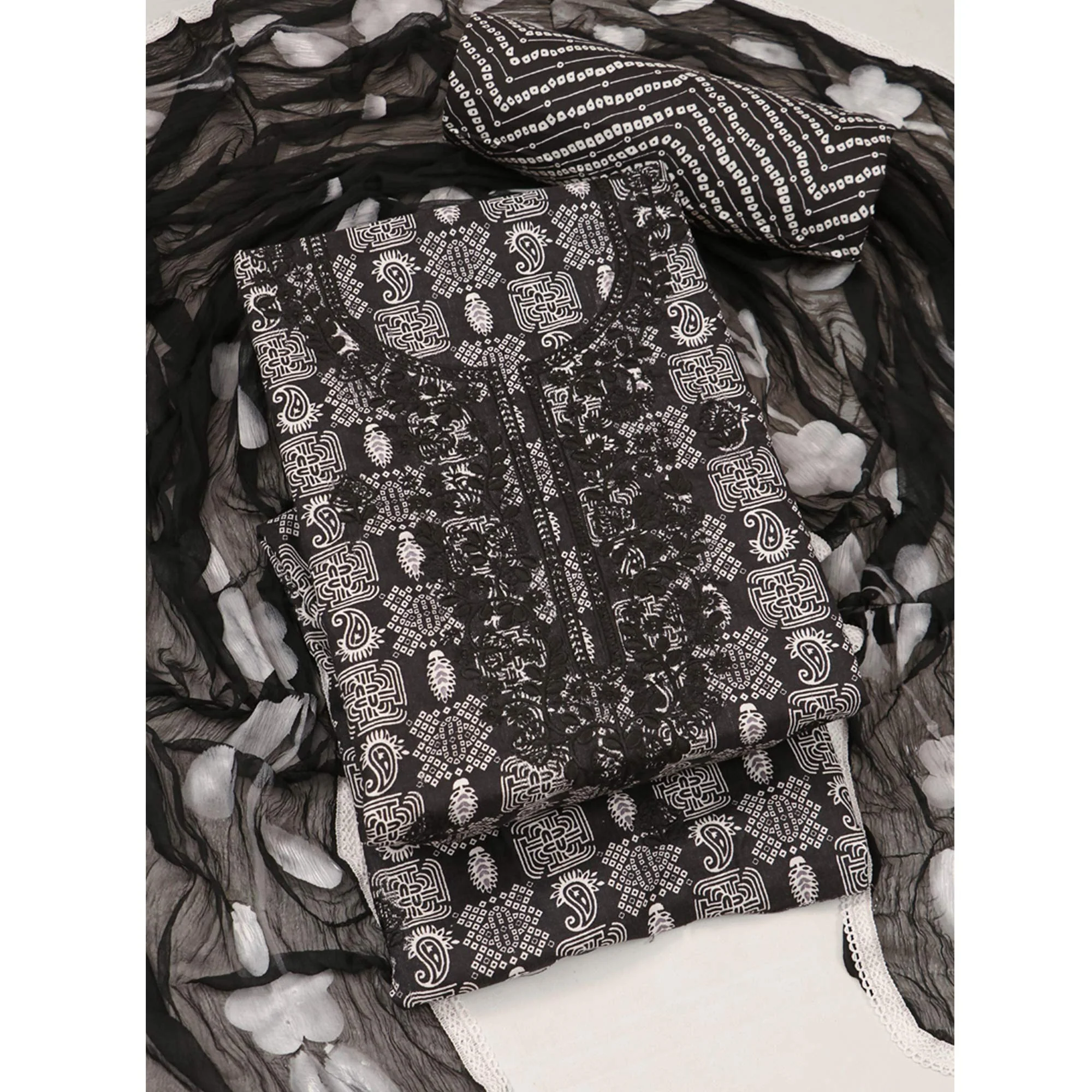Black Printed With Embroidery Pure Cotton Dress Material - Image 3
