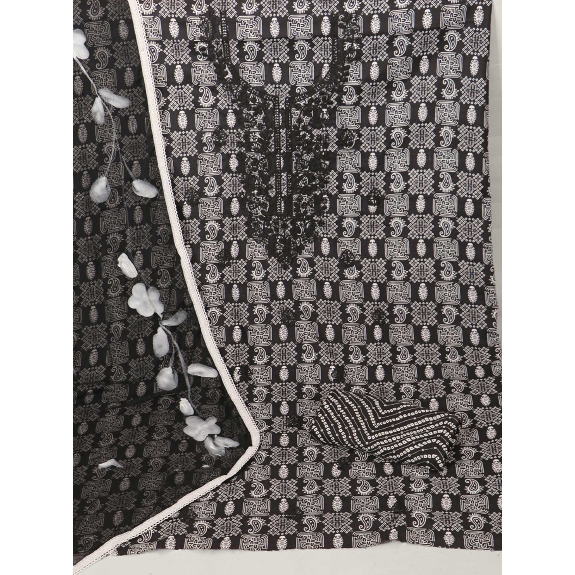 Black Printed With Embroidery Pure Cotton Dress Material - Image 4