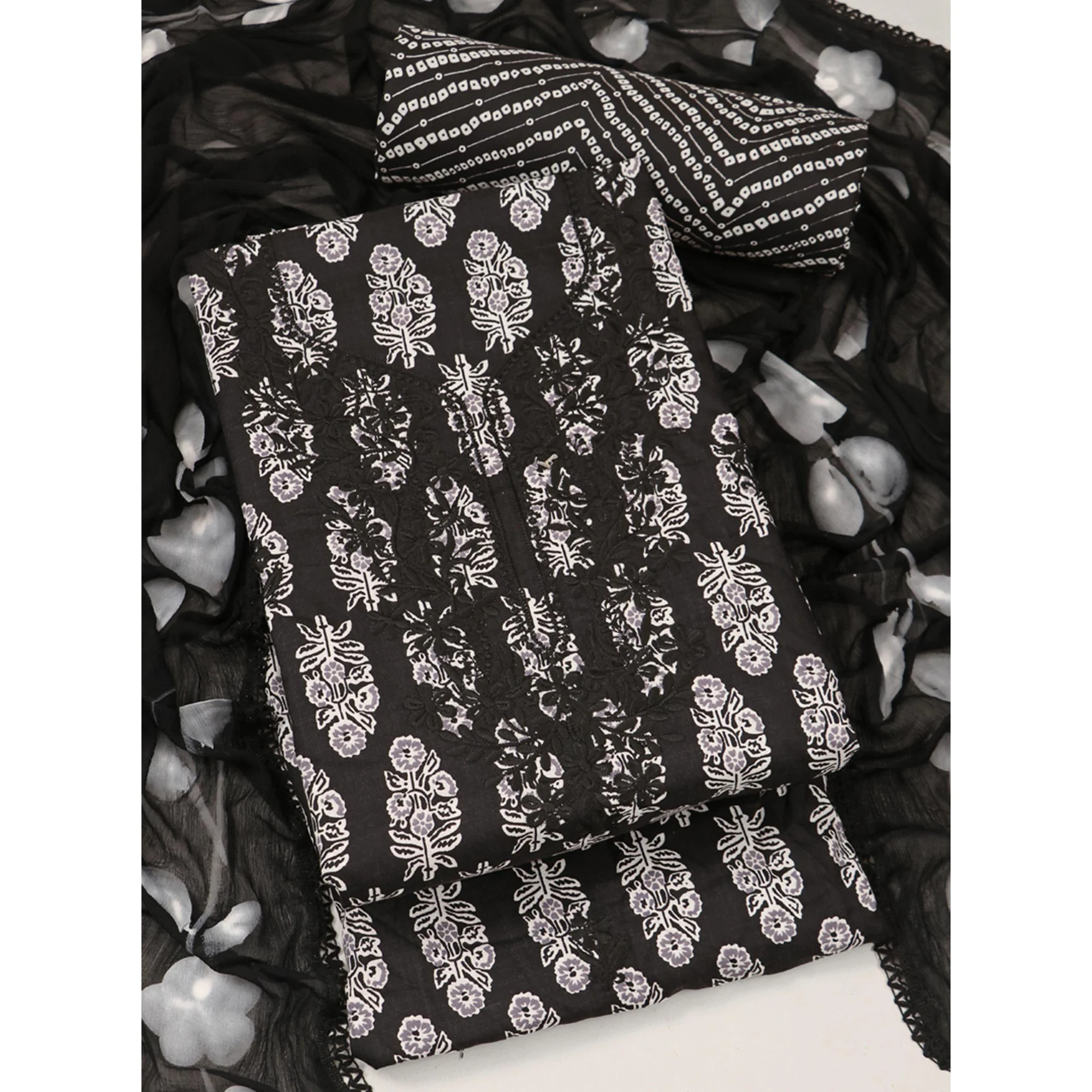 Black Printed With Embroidery Pure Cotton Dress Material - Image 3