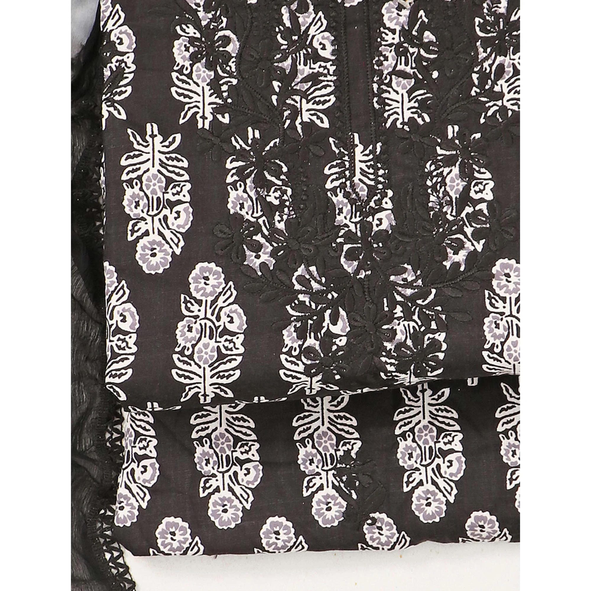 Black Printed With Embroidery Pure Cotton Dress Material - Image 5