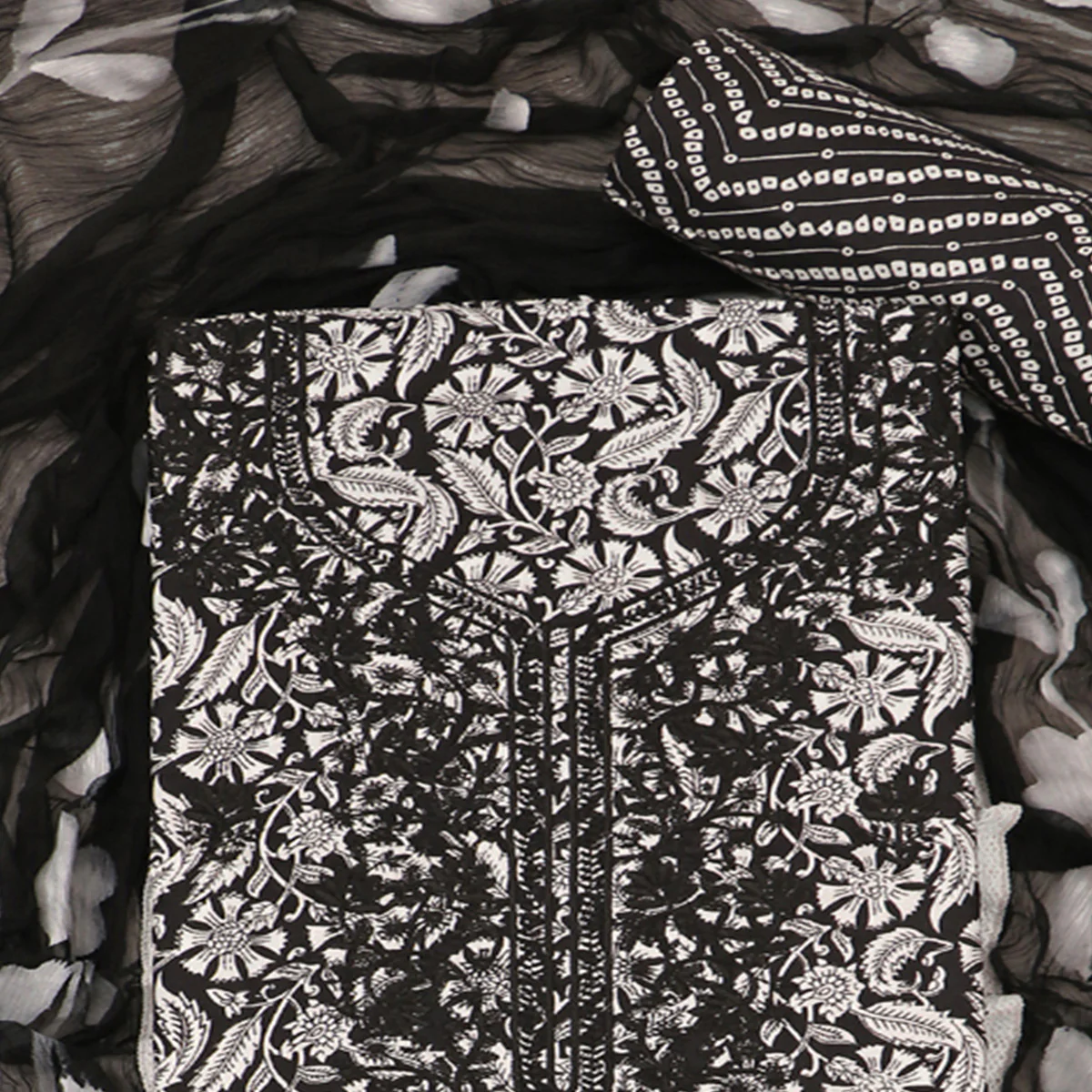 Black Printed With Embroidery Pure Cotton Dress Material - Image 2
