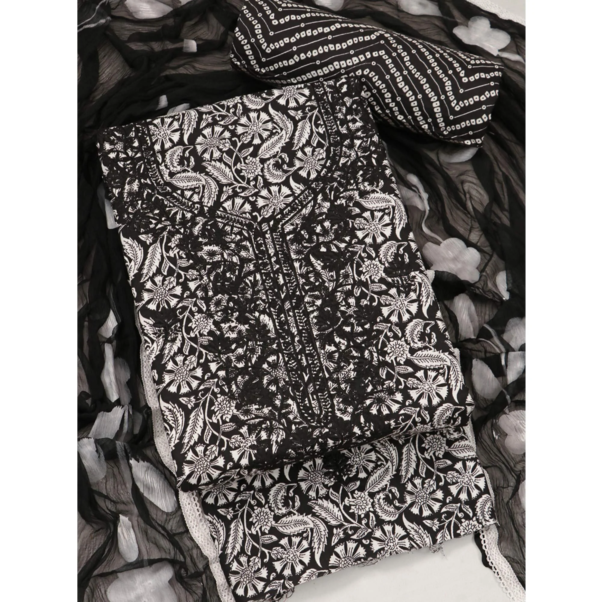 Black Printed With Embroidery Pure Cotton Dress Material - Image 3