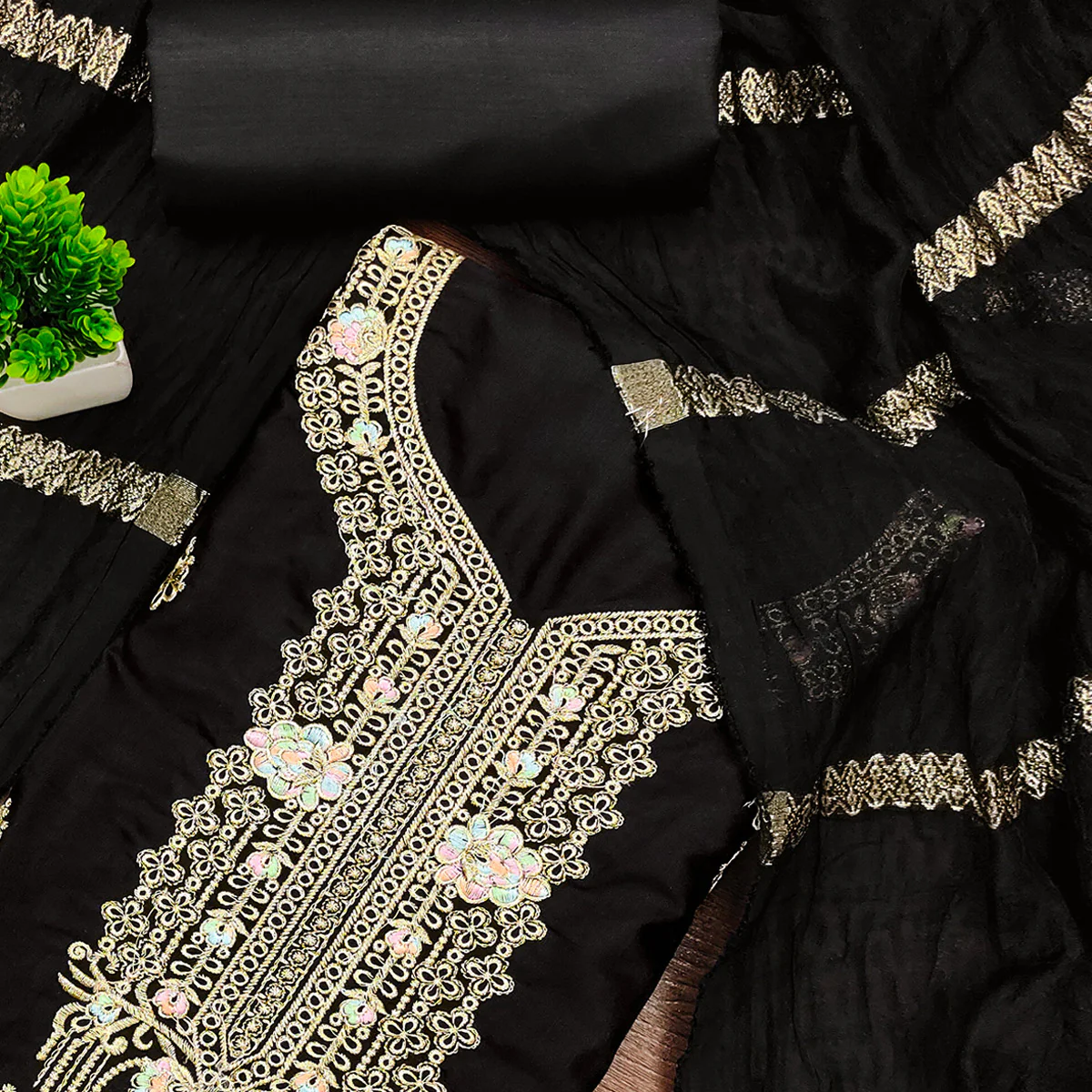 Black Pure Cotton Dress Material with Elegant Embroidery - Image 2