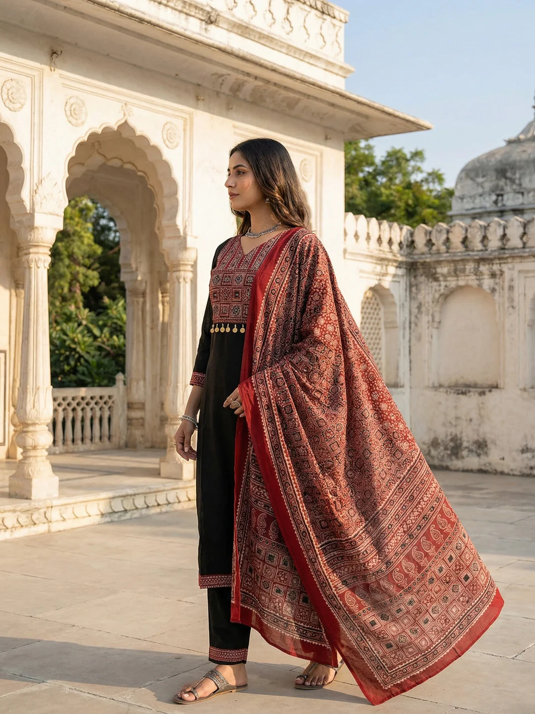 Black Pure Cotton Salwar Suit with Ajrakh Printed Dupatta and Refined Pattern Detailing - Image 3