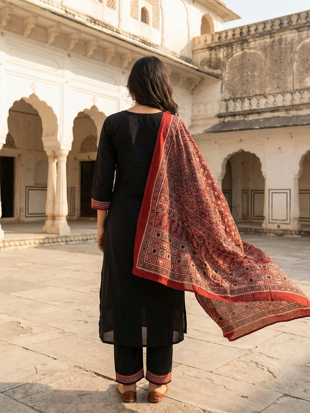 Black Pure Cotton Salwar Suit with Ajrakh Printed Dupatta and Refined Pattern Detailing - Image 4