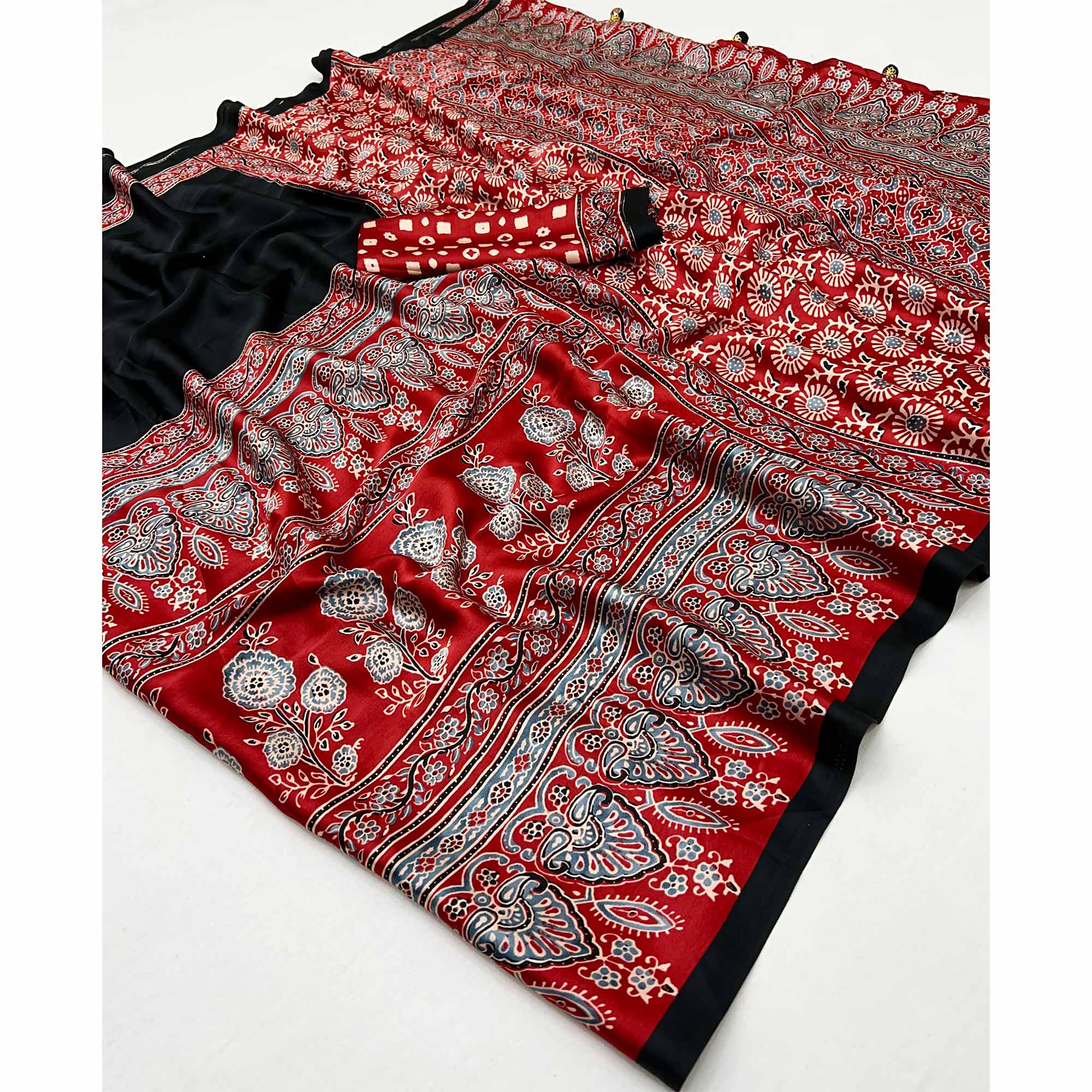 Black & Red Ajrakh Printed Modal Satin Saree with Elegant Party Wear Appeal - Image 10
