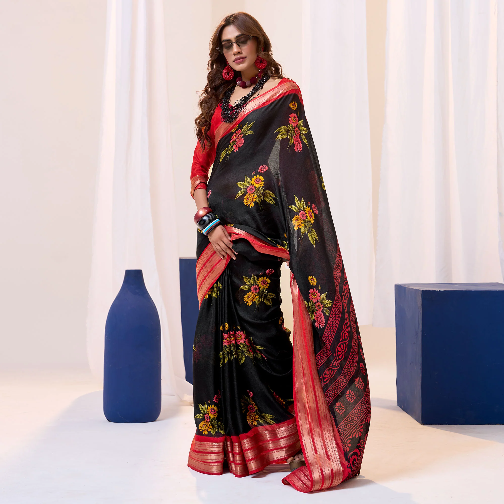 Black & Red Floral Printed Cotton Blend Saree With Woven Border - Image 2