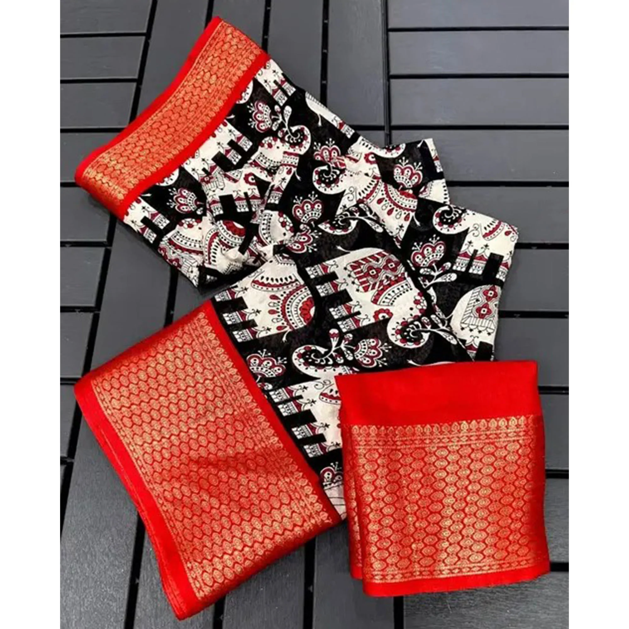 Black & Red Floral Printed Dola Silk Saree With Woven Border - Image 3
