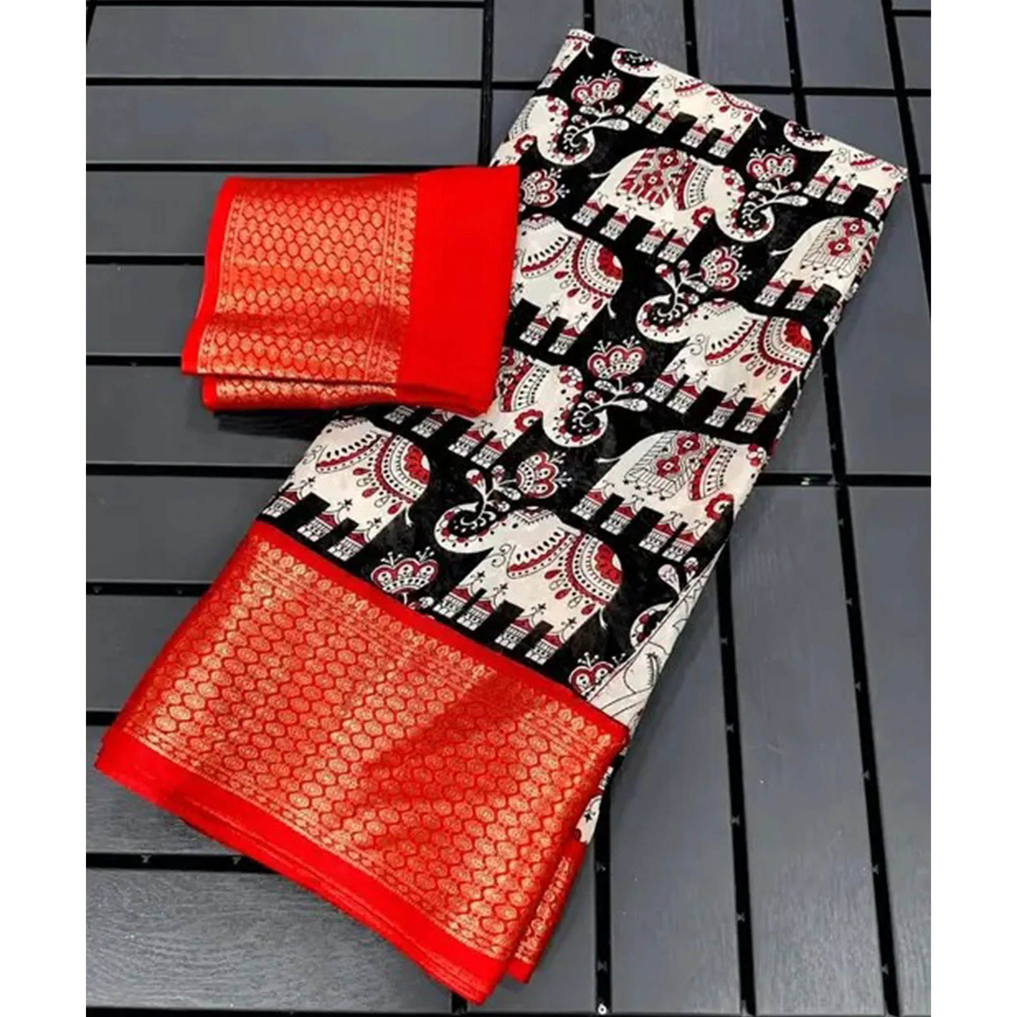 Black & Red Floral Printed Dola Silk Saree With Woven Border - Image 4