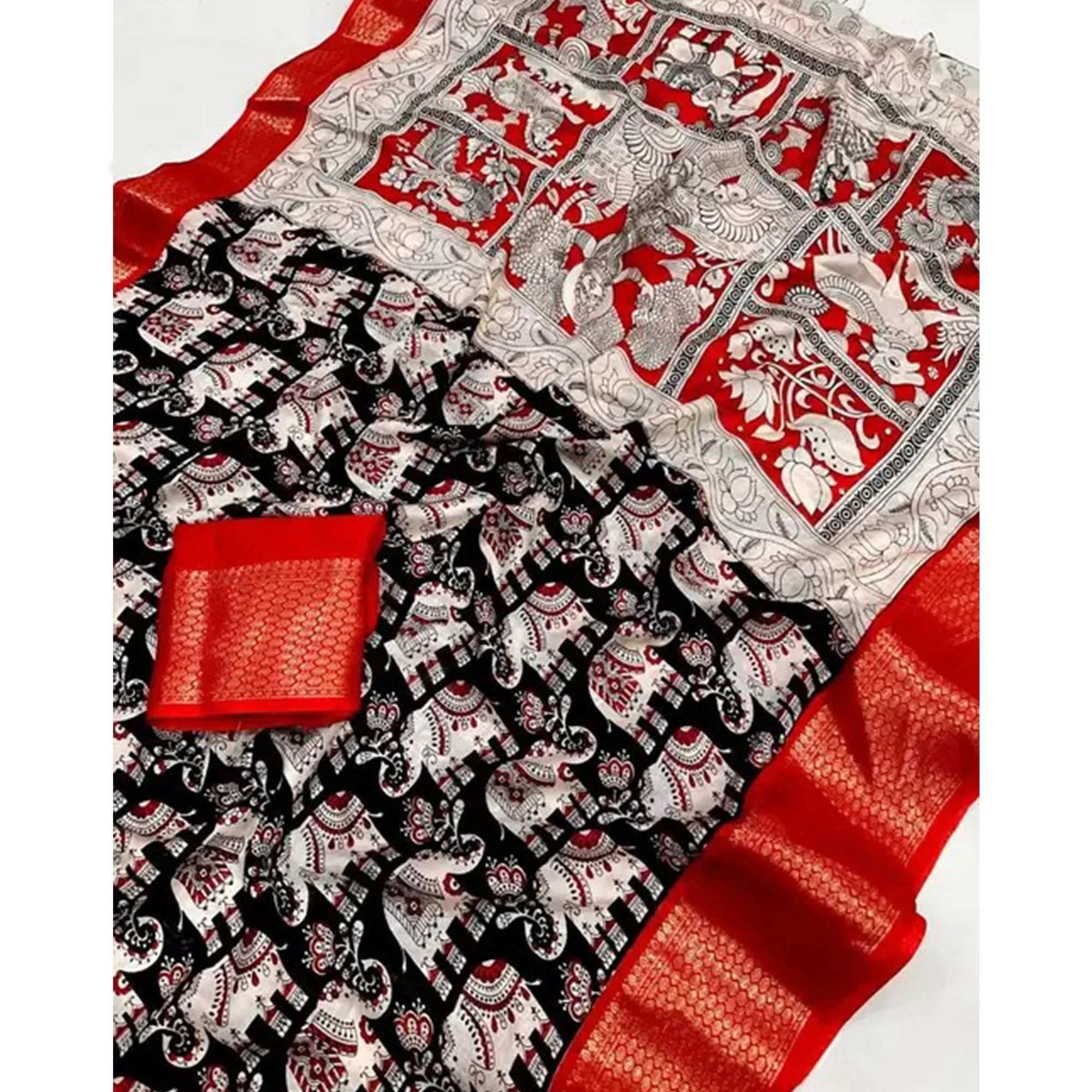 Black & Red Floral Printed Dola Silk Saree With Woven Border - Image 5
