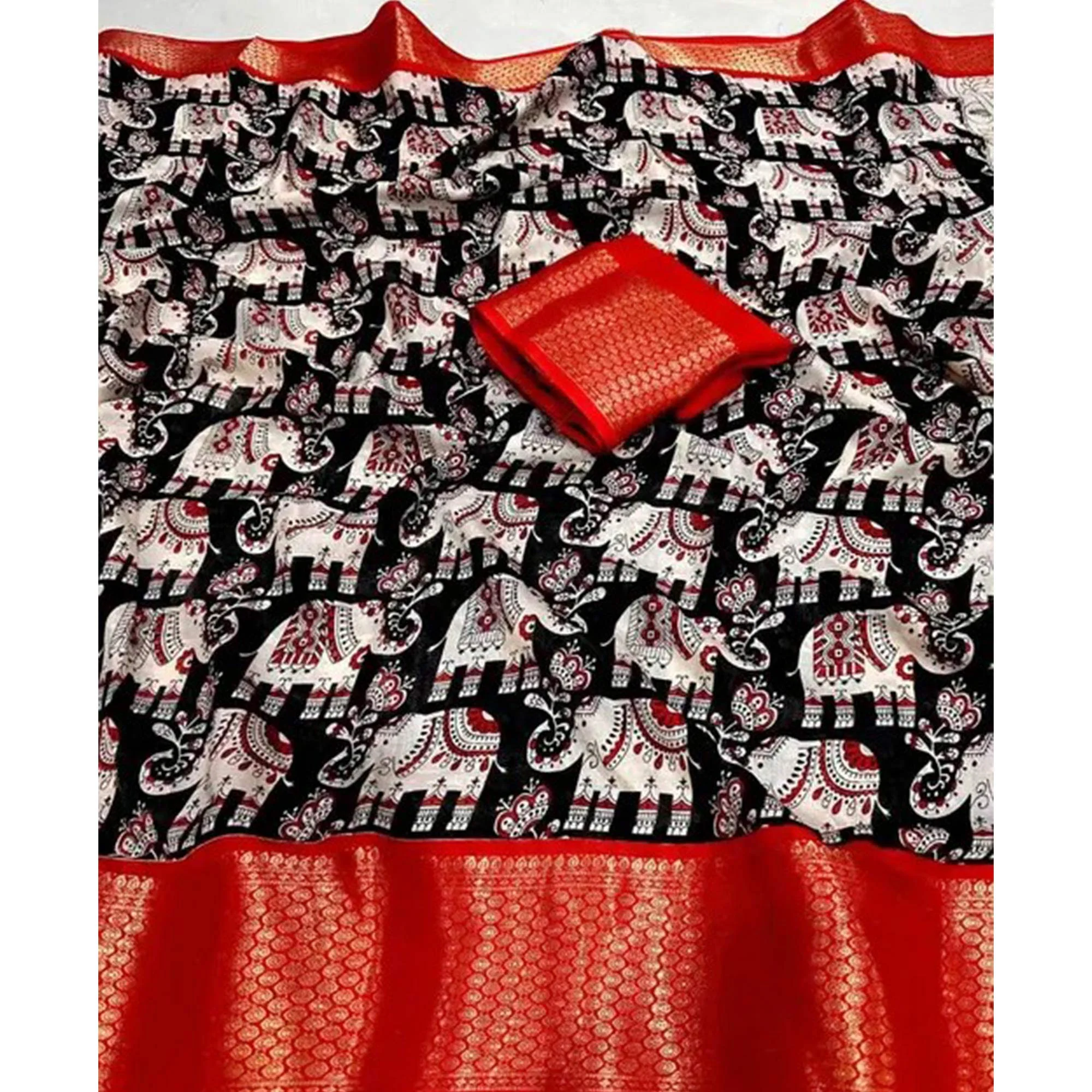 Black & Red Floral Printed Dola Silk Saree With Woven Border - Image 6