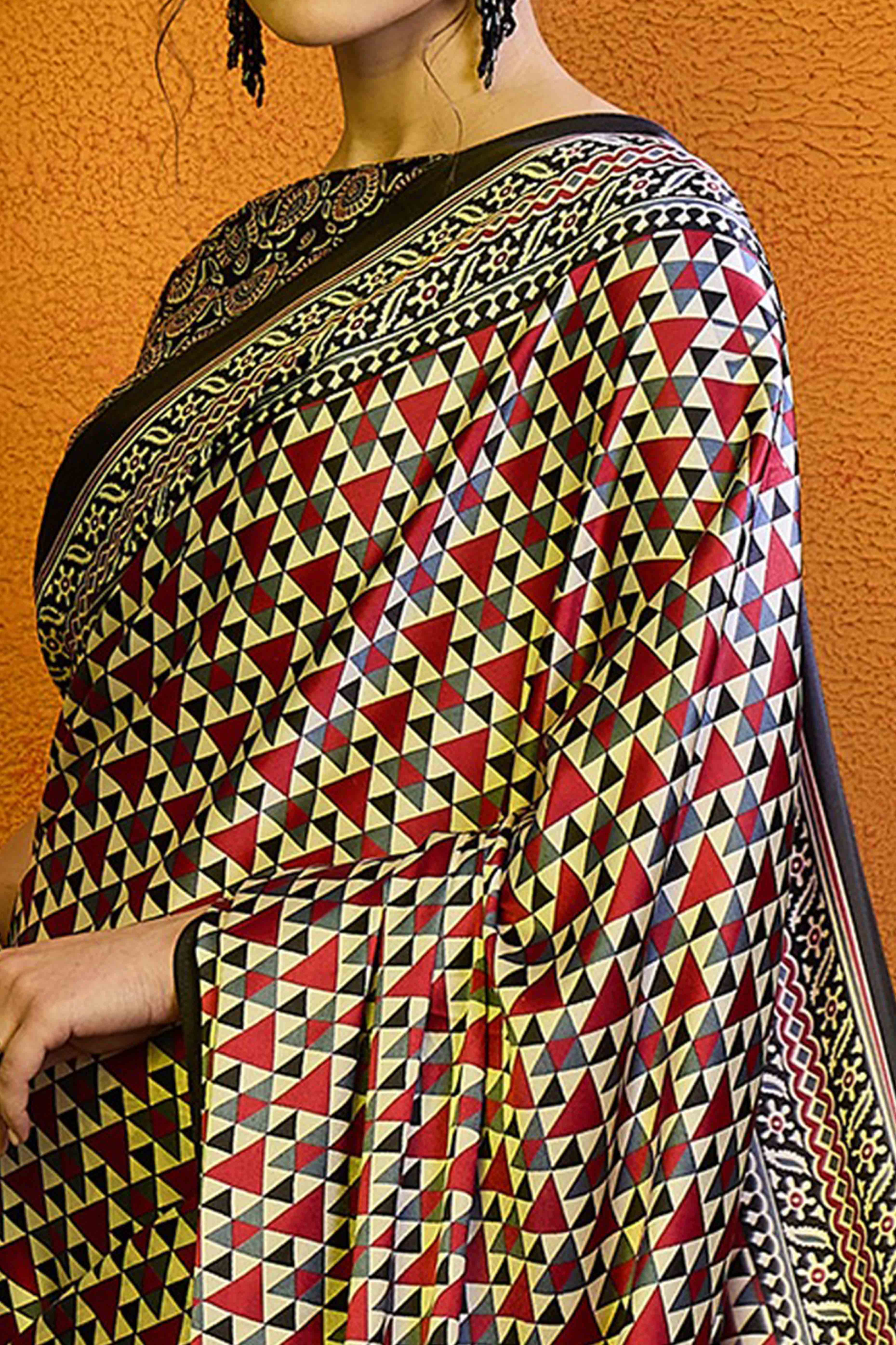 Black & Red Geometric Printed Modal Satin Saree - Image 2