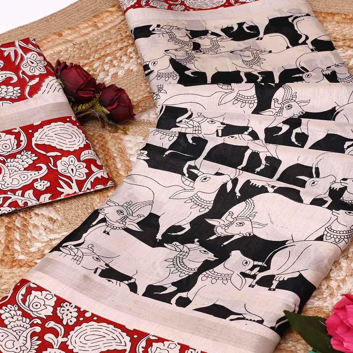 Black & Red Kalamkari Print on Soft Mulmul Cotton Saree for Effortless Style - Image 2