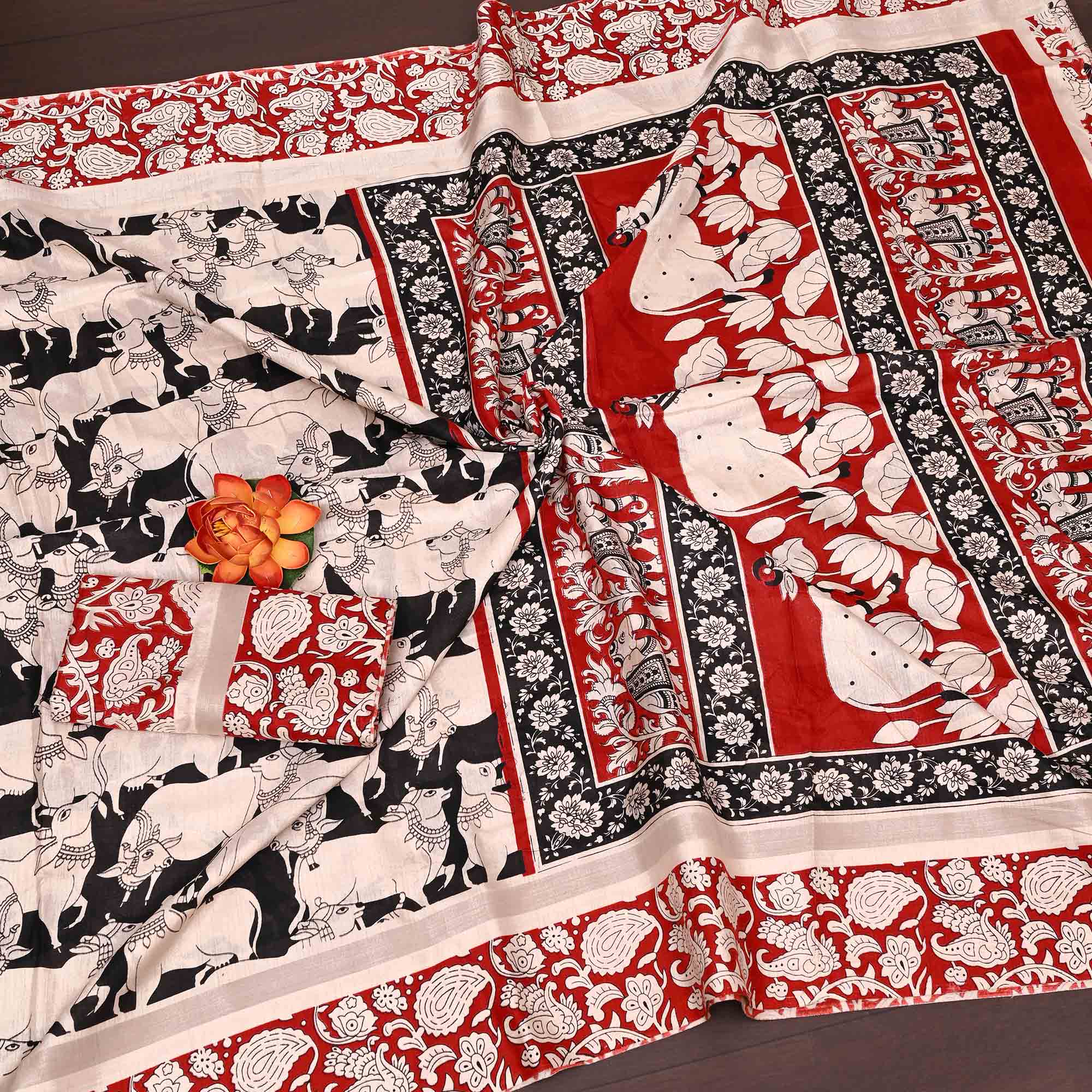 Black & Red Kalamkari Print on Soft Mulmul Cotton Saree for Effortless Style - Image 3