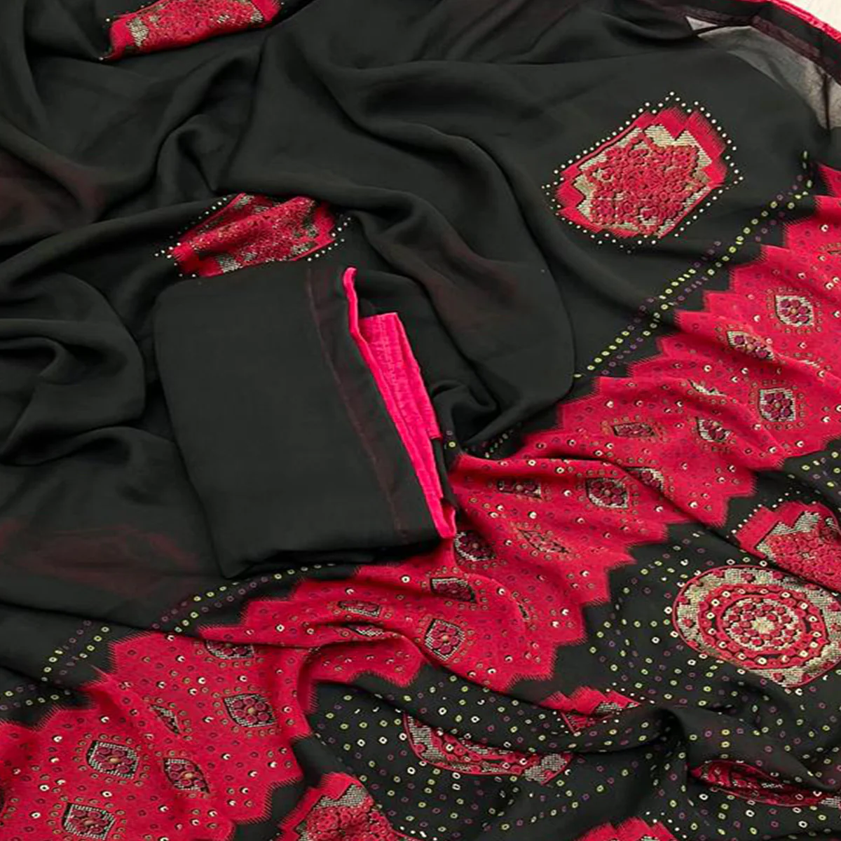 Black & Red Patola With Bandhani Printed Moss Chiffon Saree - Image 2