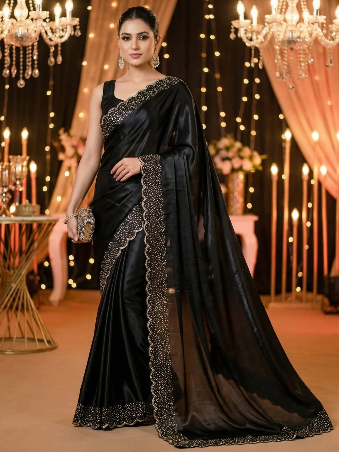 Black Satin Saree with Handcrafted Stone Work Embellished Border