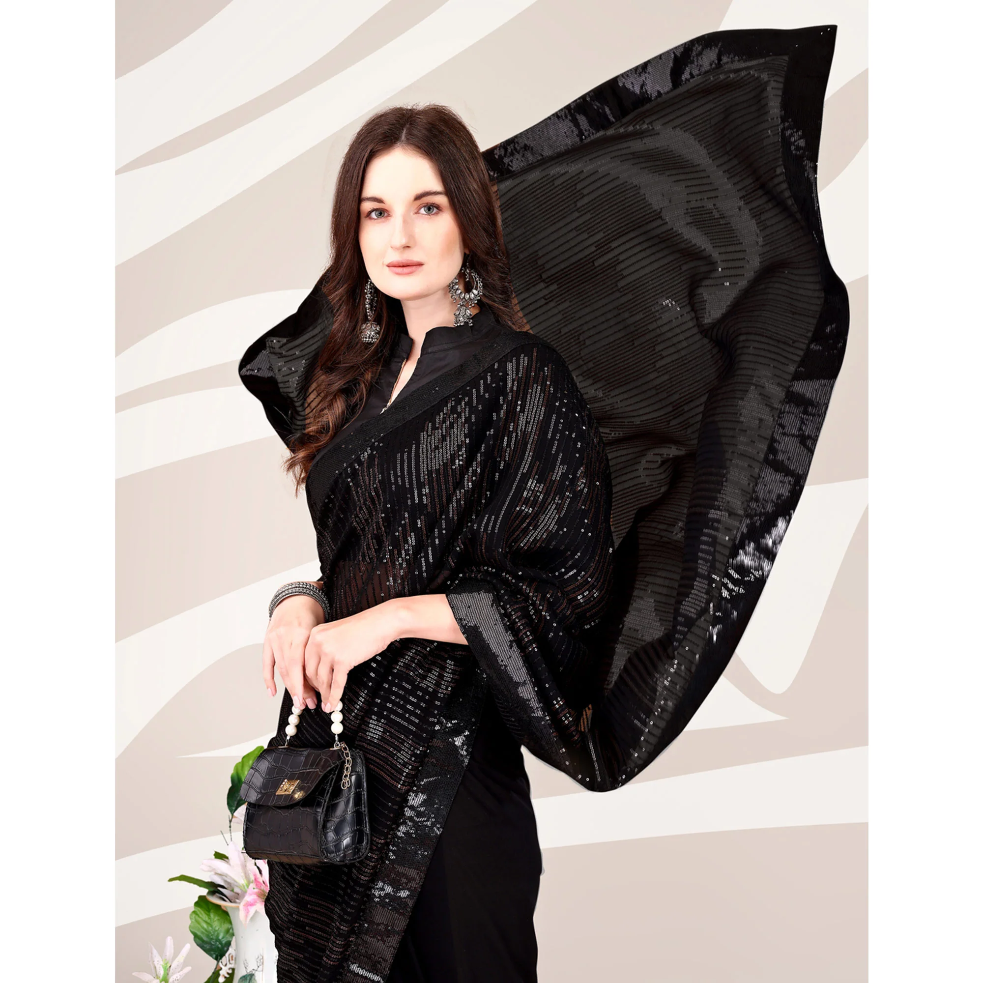 Black Sequin Embroidered Georgette Saree - Image 7