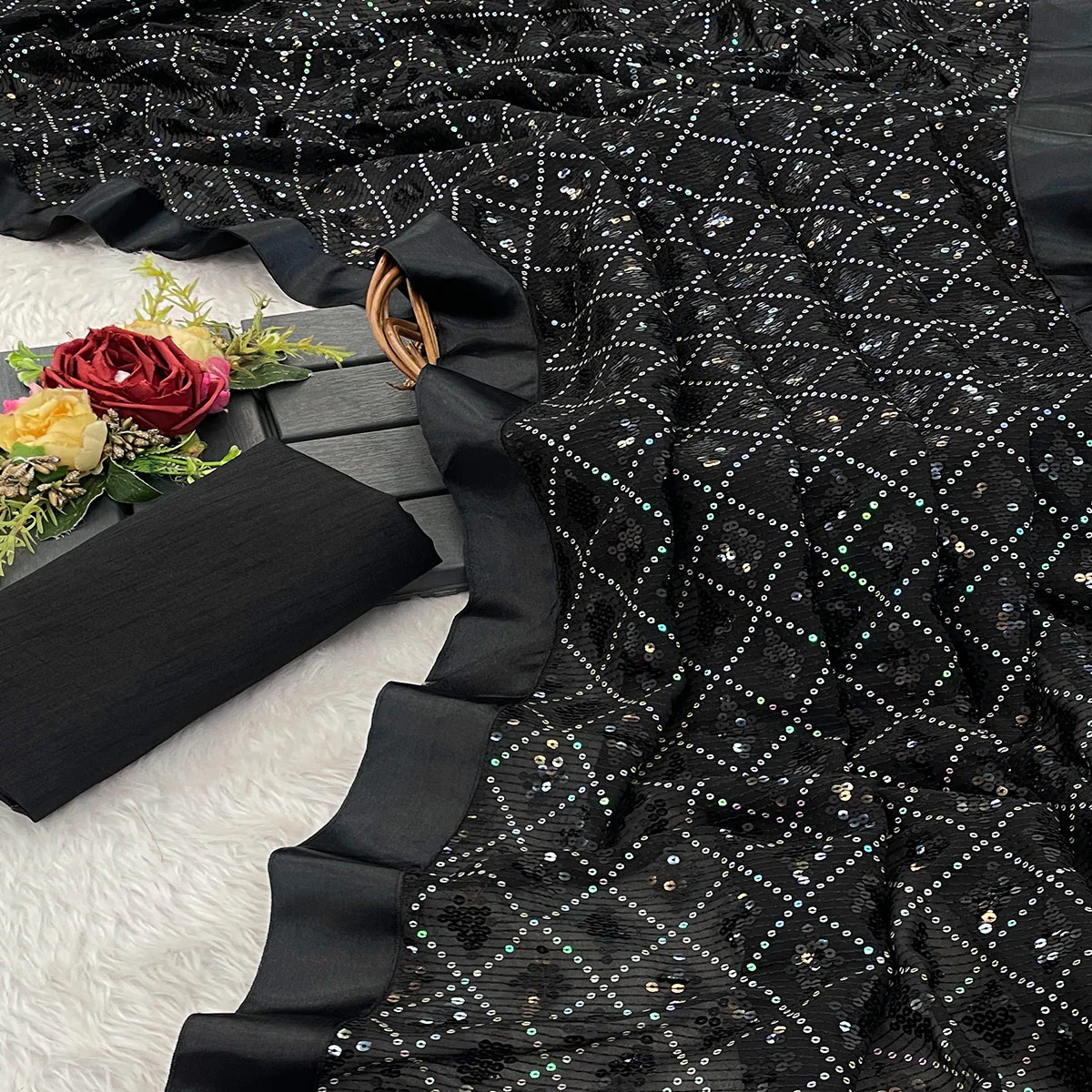 Black Sequins Embellished Georgette Saree - Image 2