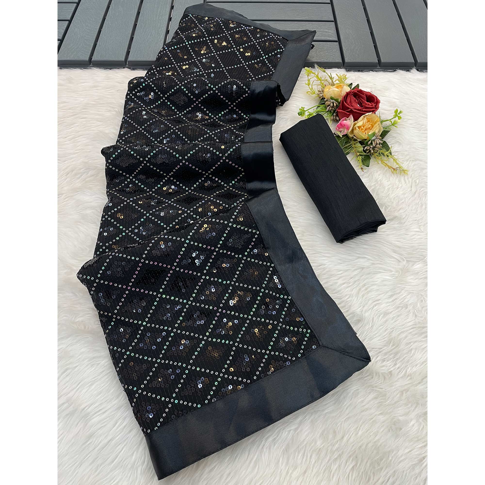 Black Sequins Embellished Georgette Saree - Image 3