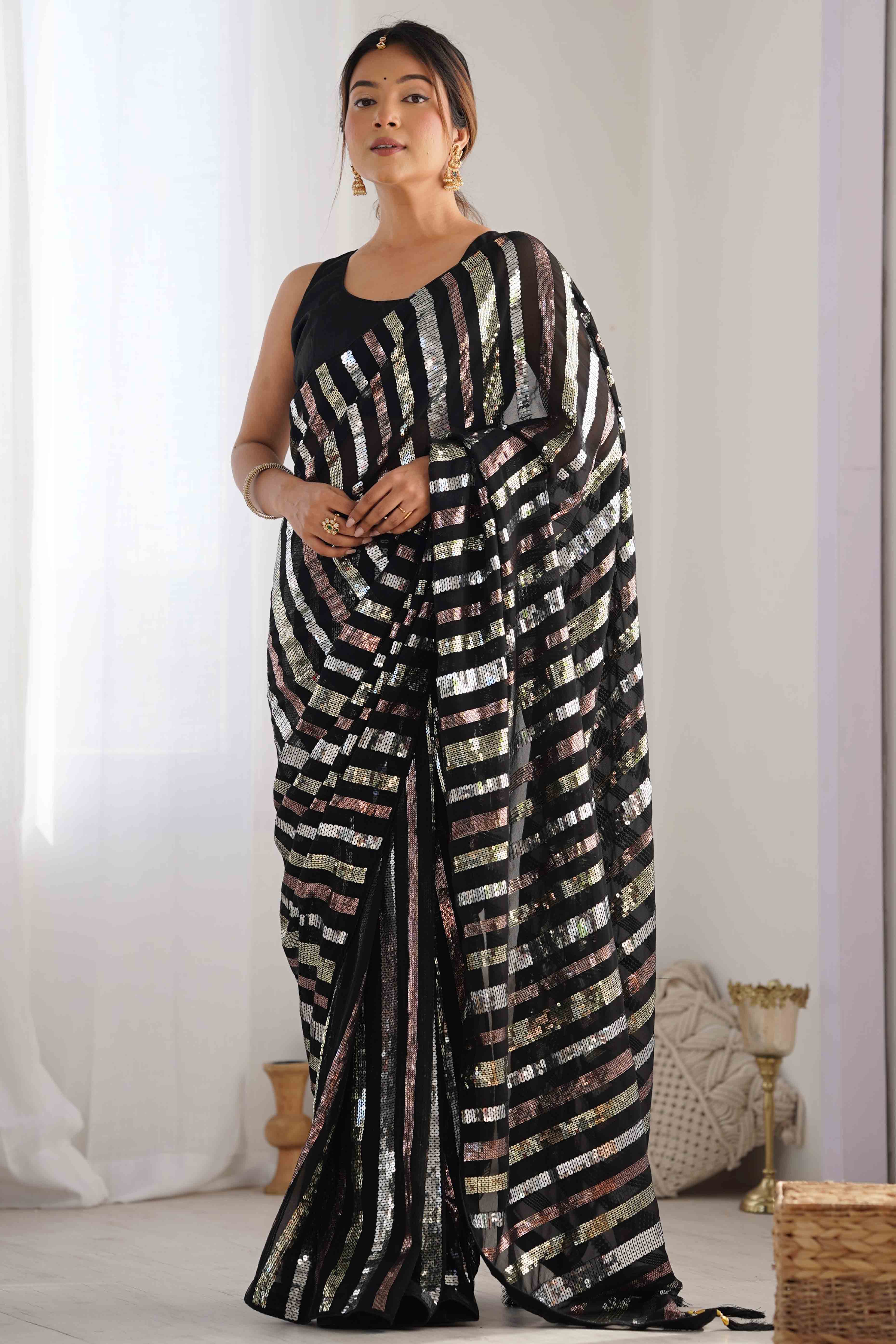 Black Sequins Embroidered Georgette Saree - Image 3