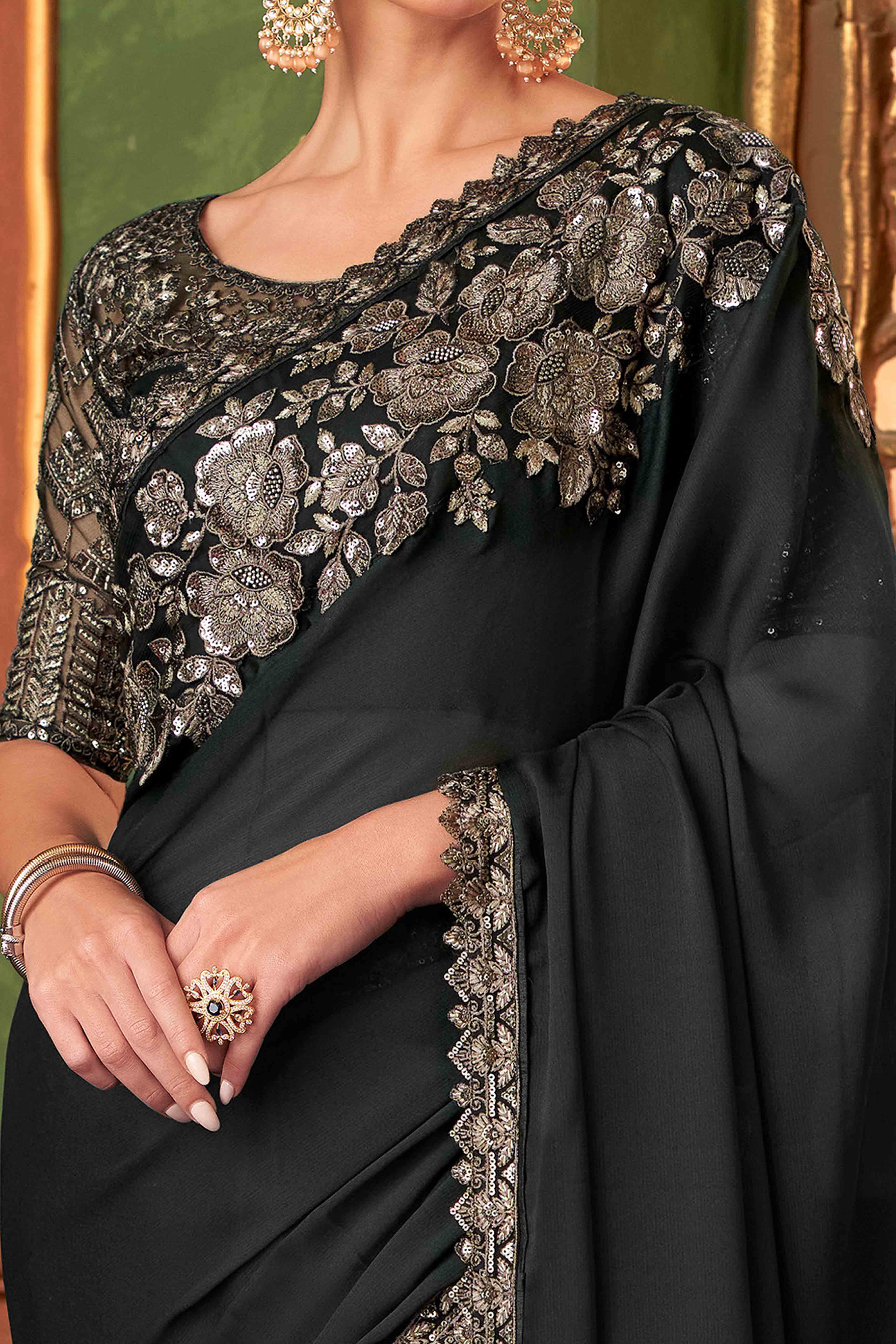 Black Sequins Embroidered Chiffon Saree - Image 2