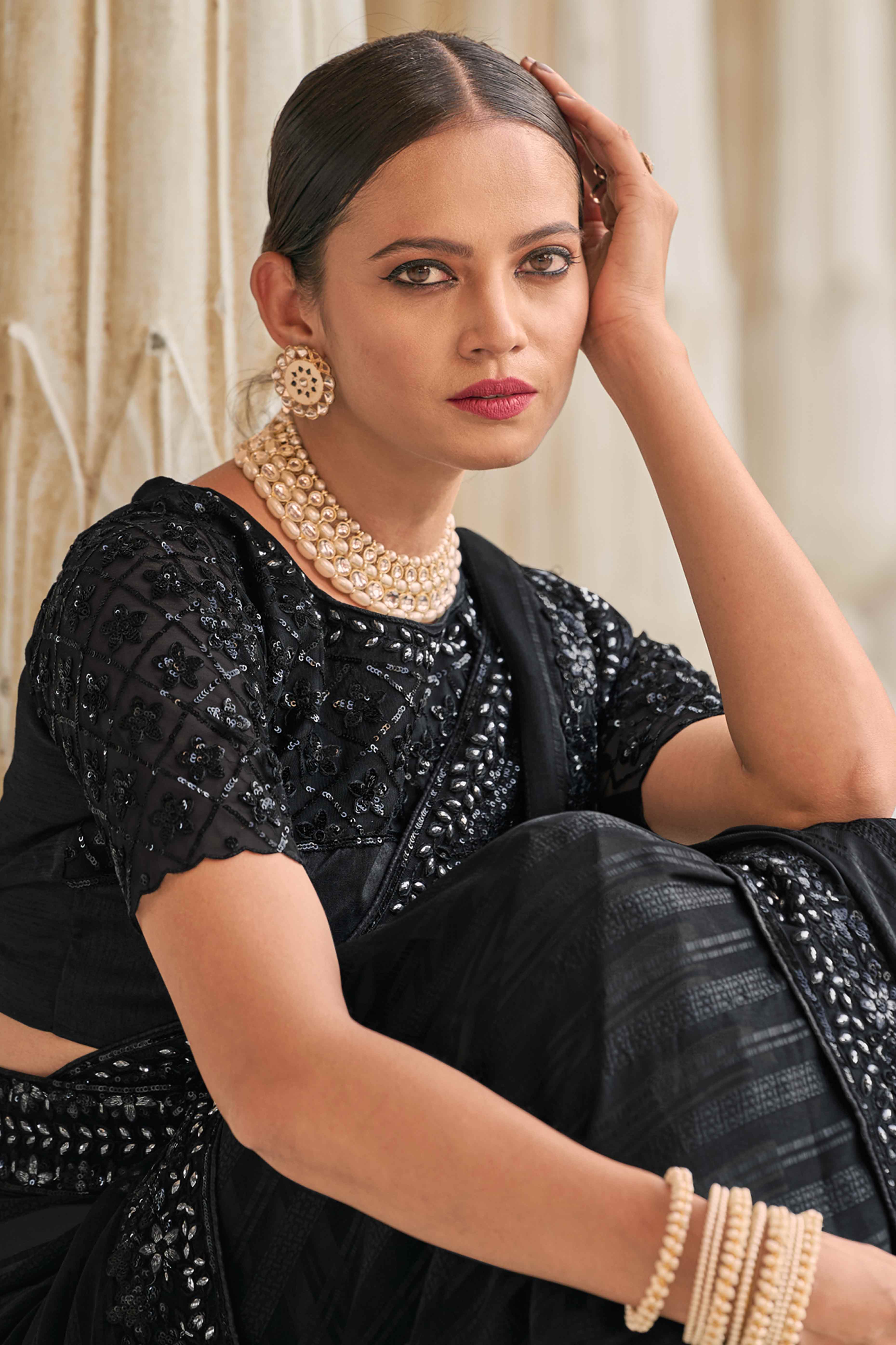Black Sequins Embroidered Georgette Saree - Image 4