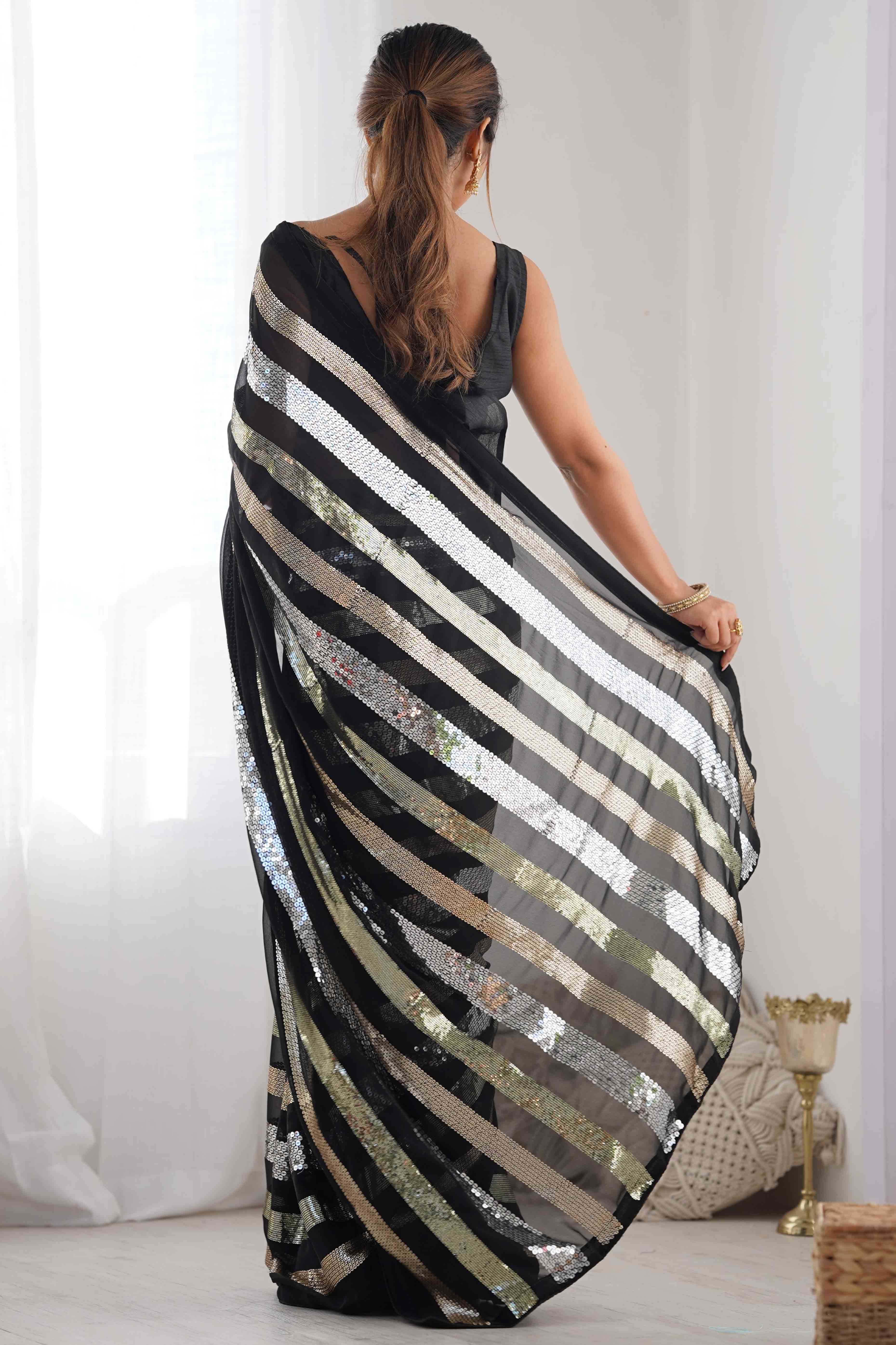 Black Sequins Embroidered Georgette Saree - Image 7