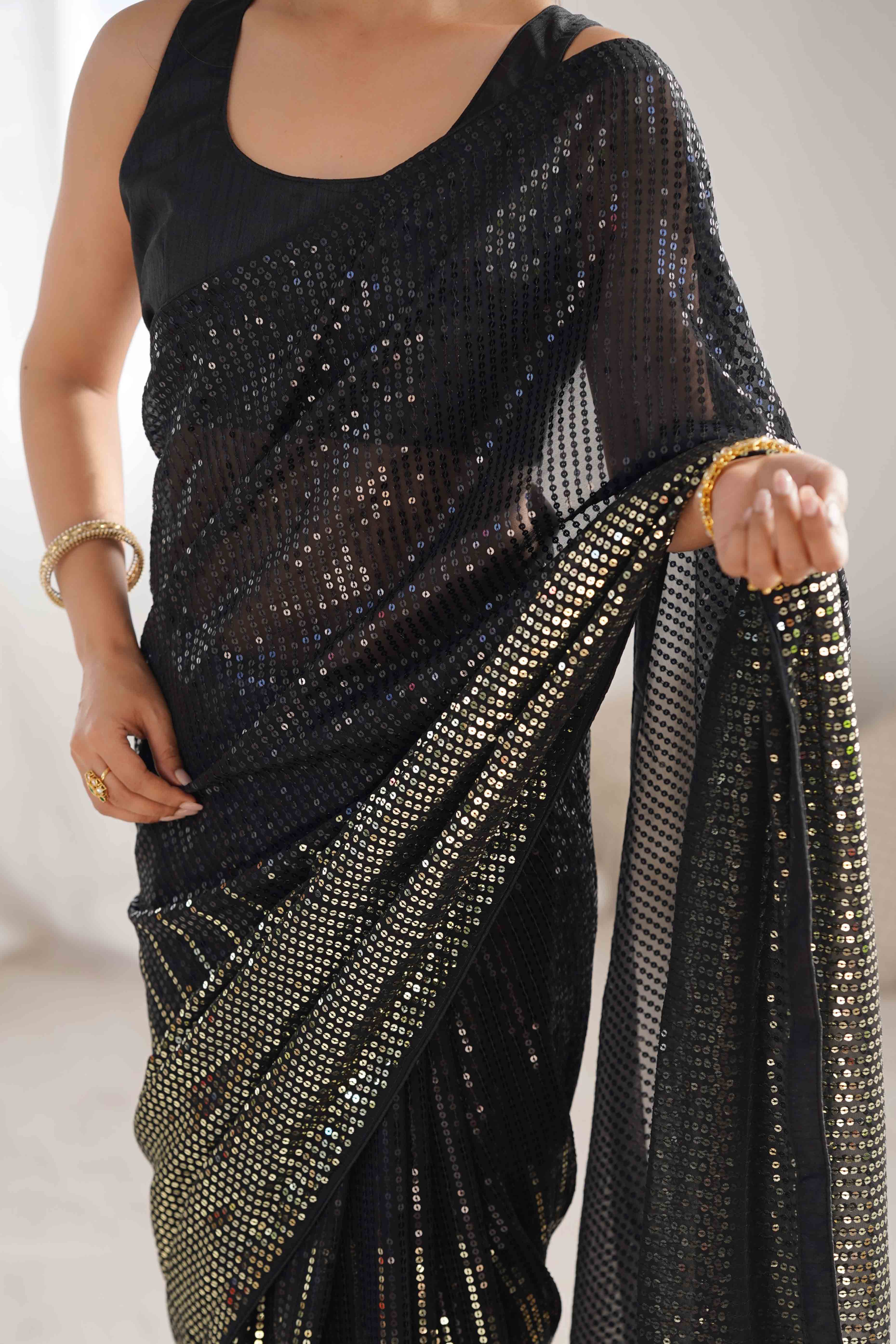 Black Sequins Embroidered Georgette Saree - Image 2