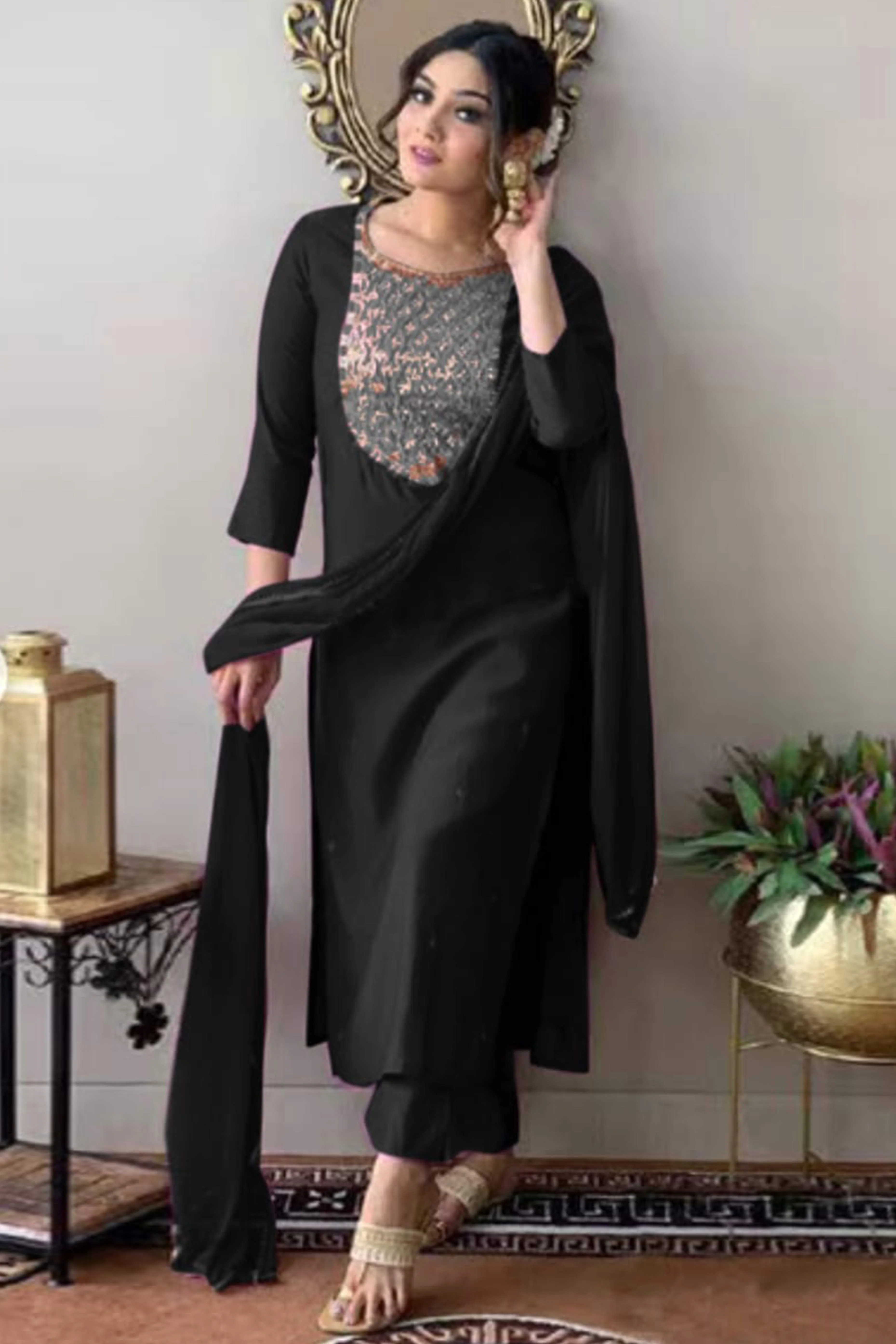 Black Sequins Embroidered Rayon Salwar Suit - Image 3