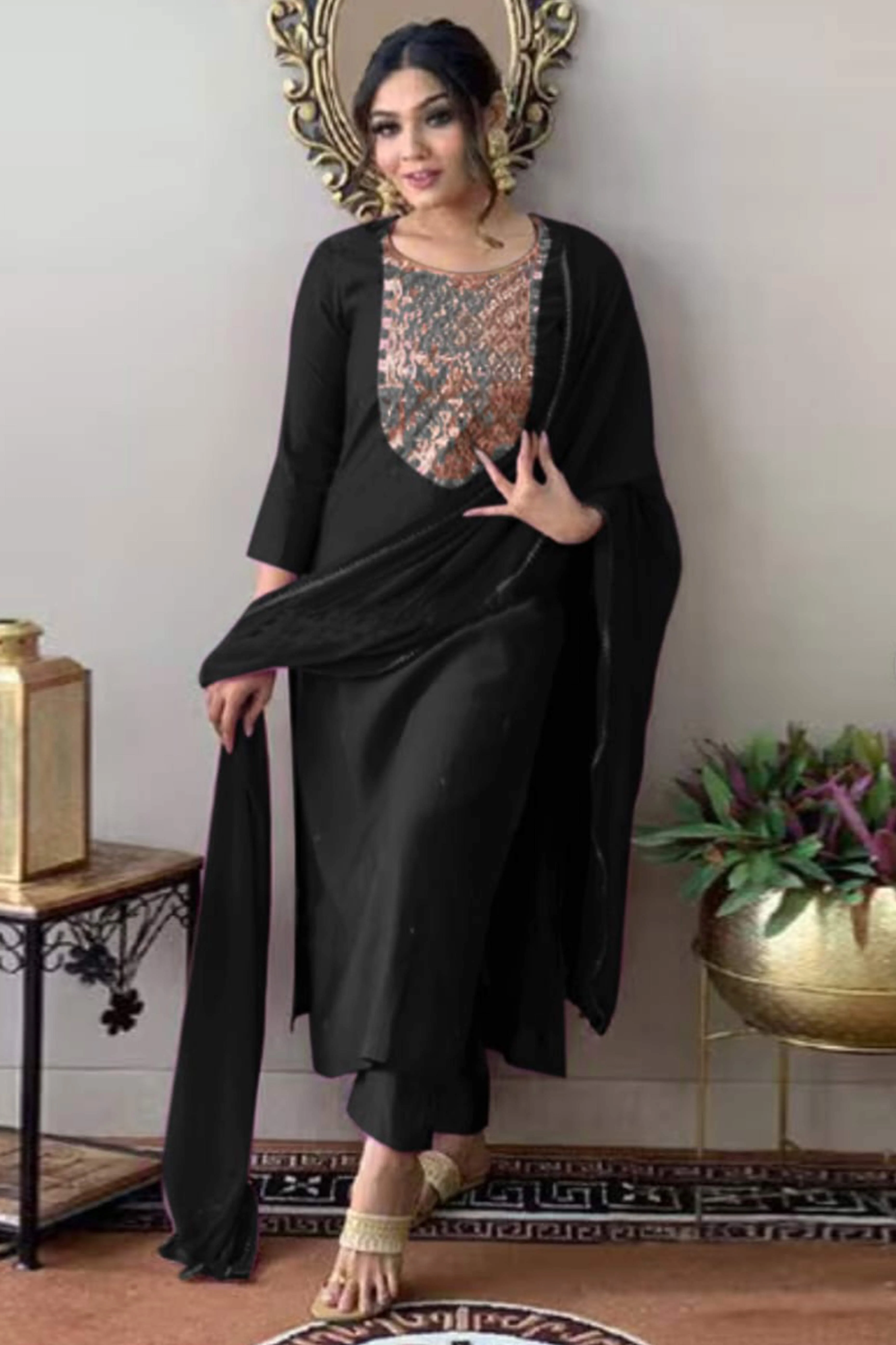 Black Sequins Embroidered Rayon Salwar Suit - Image 4