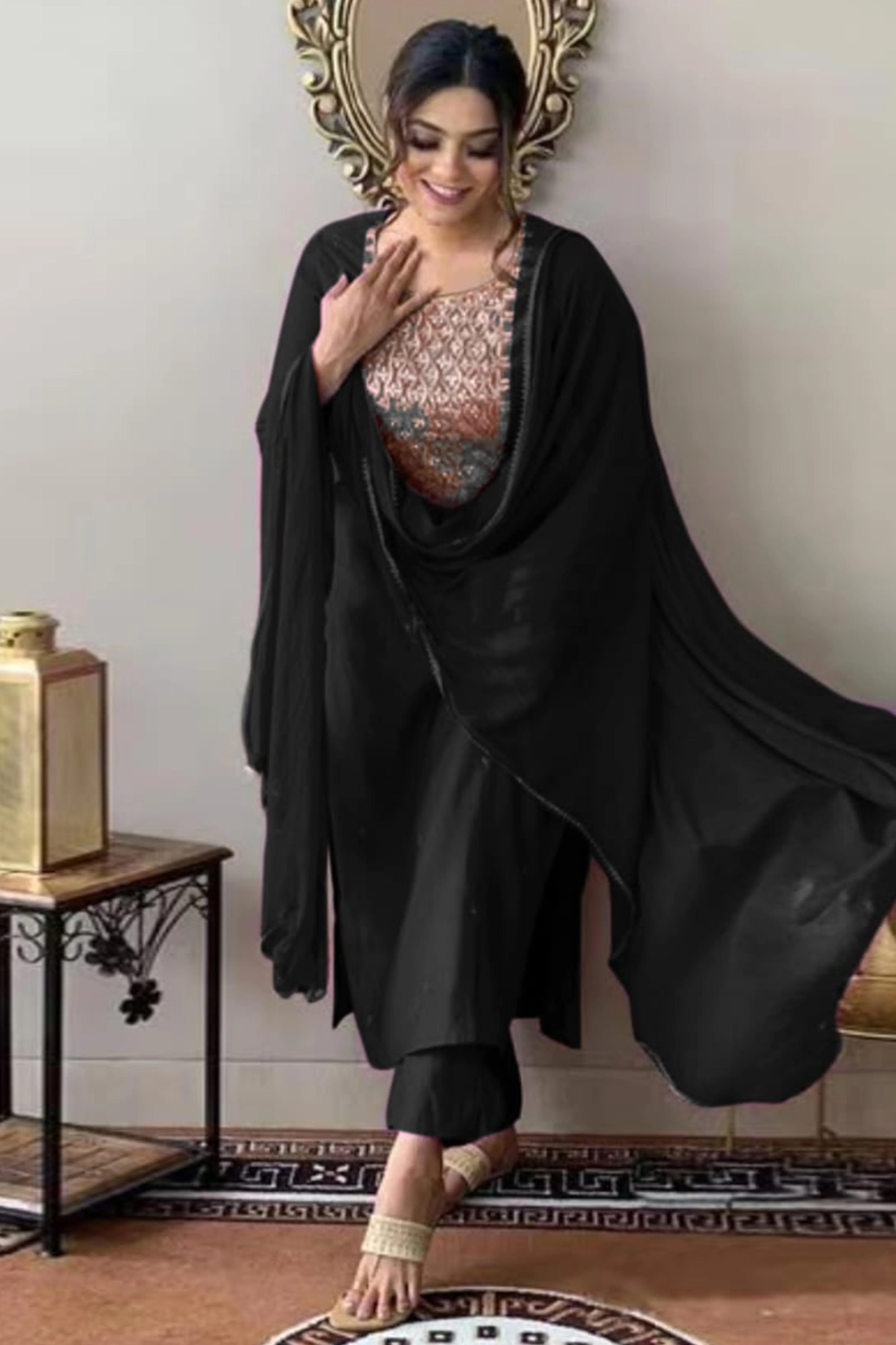 Black Sequins Embroidered Rayon Salwar Suit - Image 5