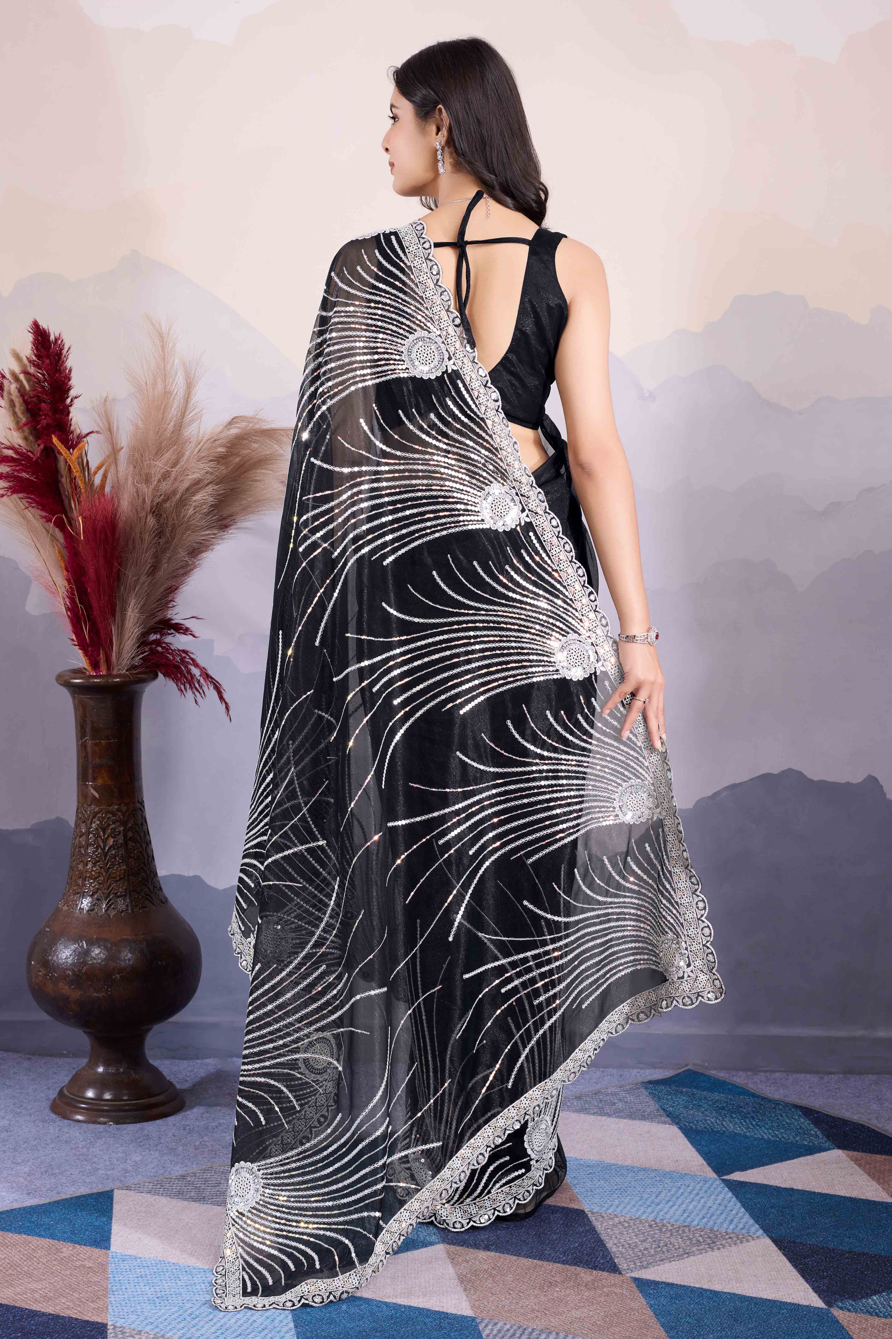Black Sequins Embroidered Twill Net Saree - Image 3