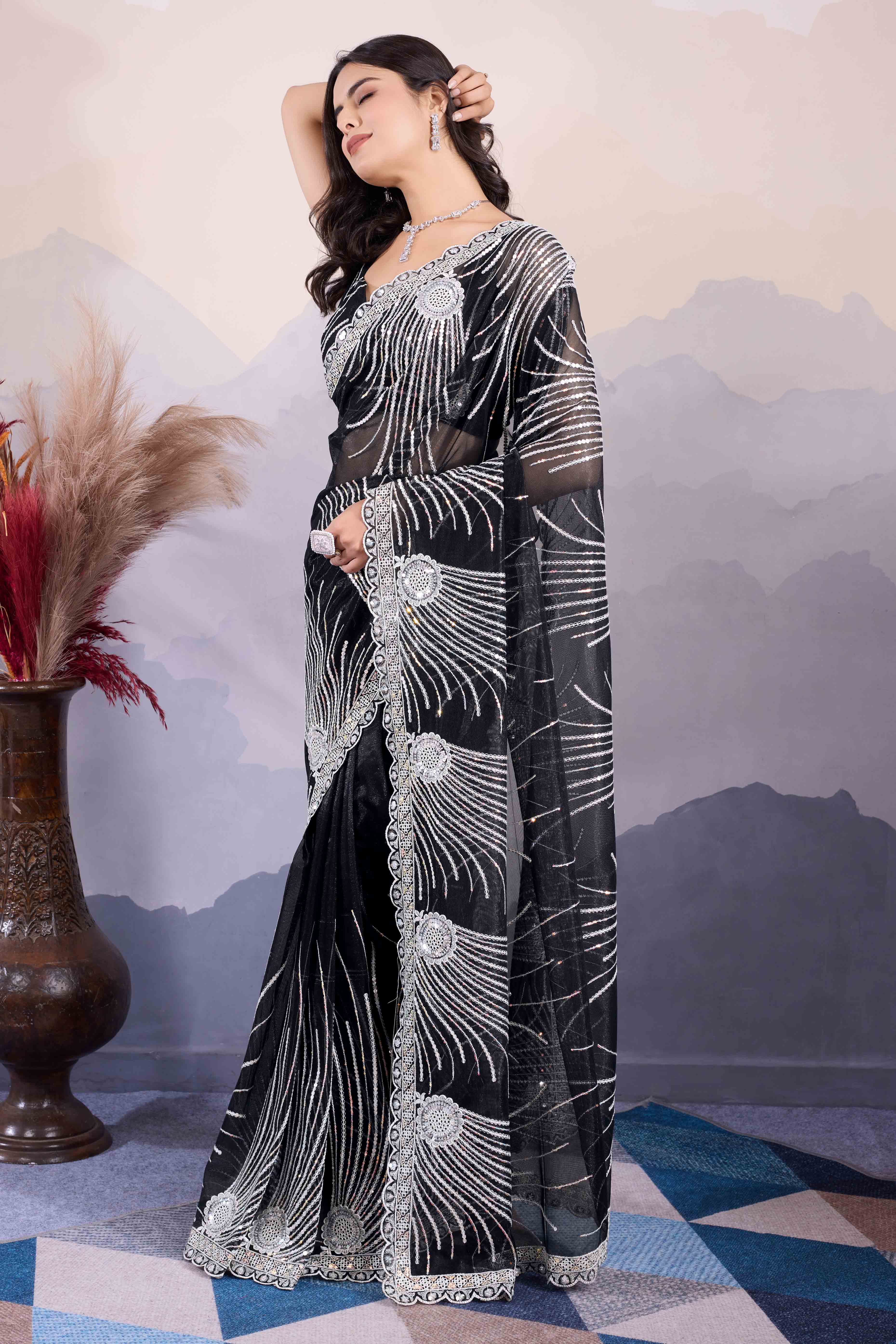 Black Sequins Embroidered Twill Net Saree - Image 4