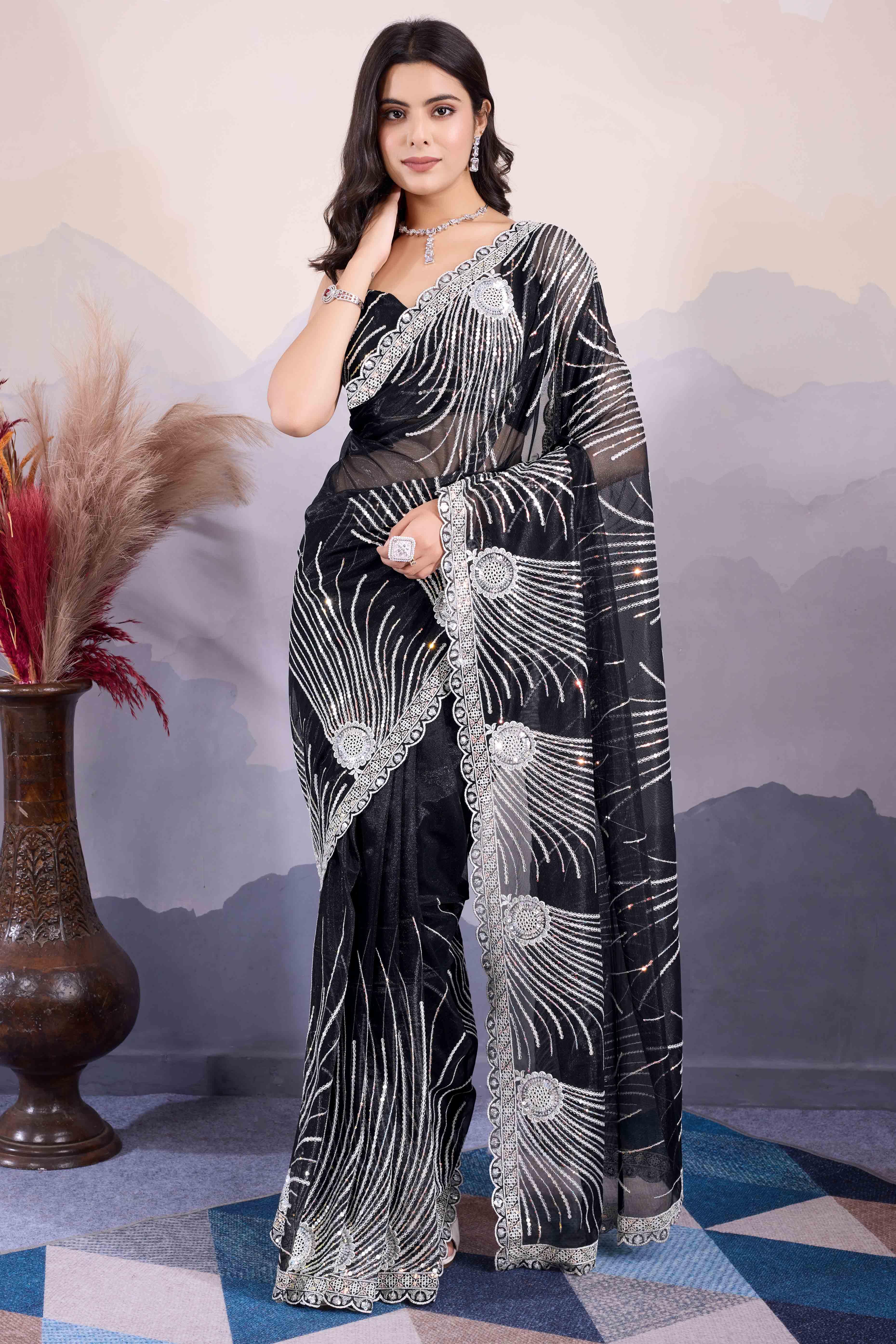 Black Sequins Embroidered Twill Net Saree - Image 5