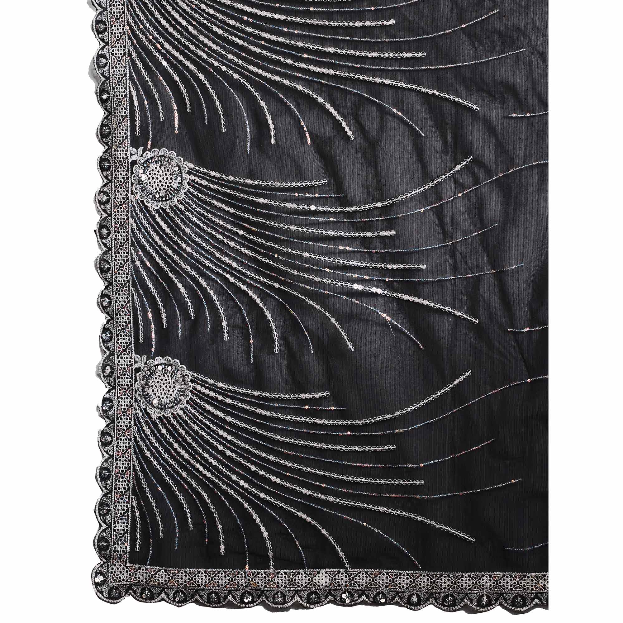 Black Sequins Embroidered Twill Net Saree - Image 8